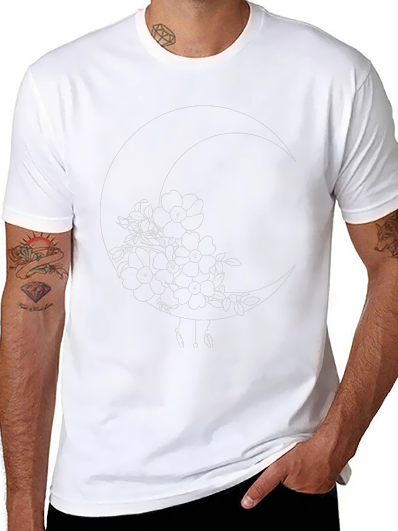 Floral Crescent Moon Black T-Shirt