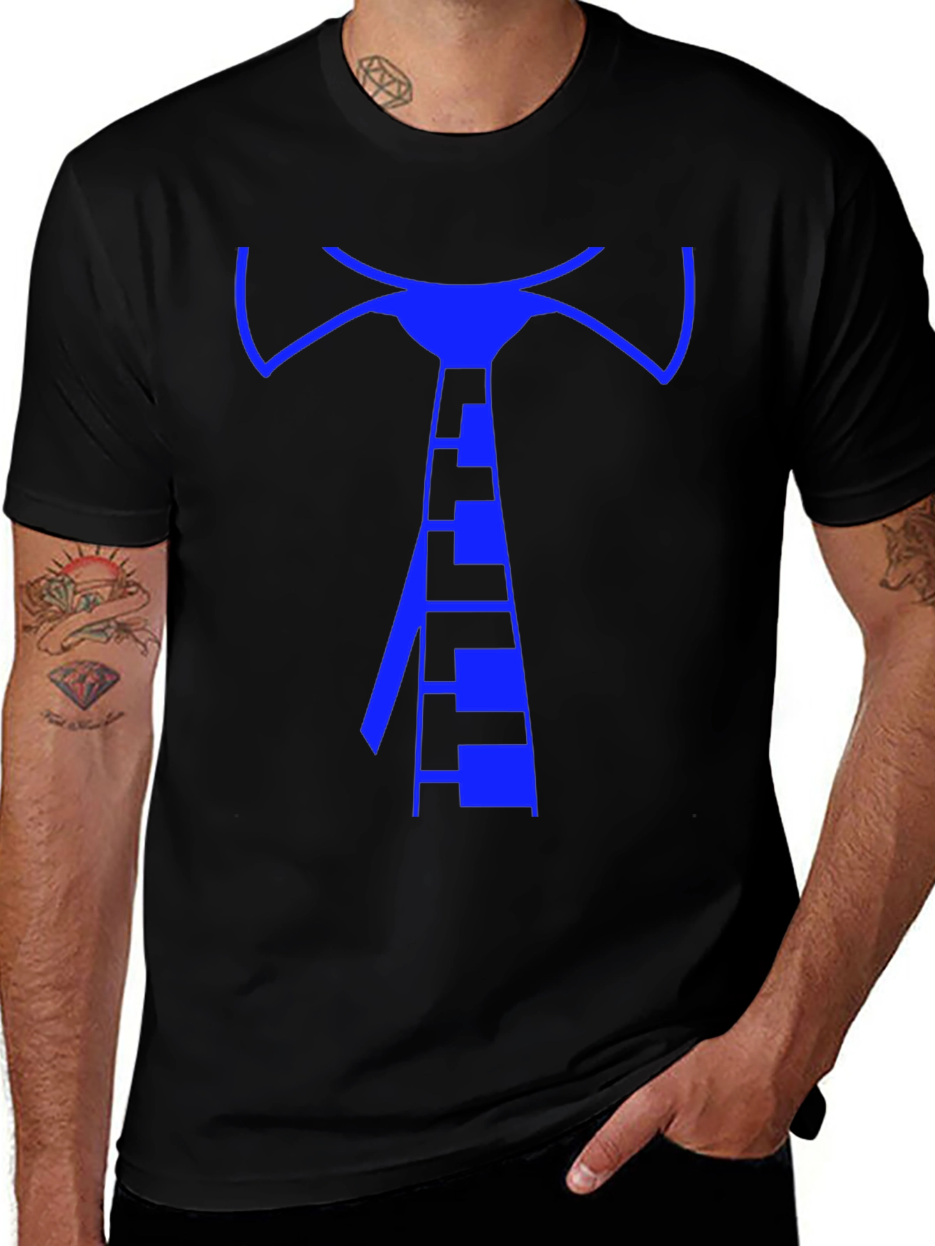 Geometric Blue Tie Graphic Tee - Mens Black T-Shirt