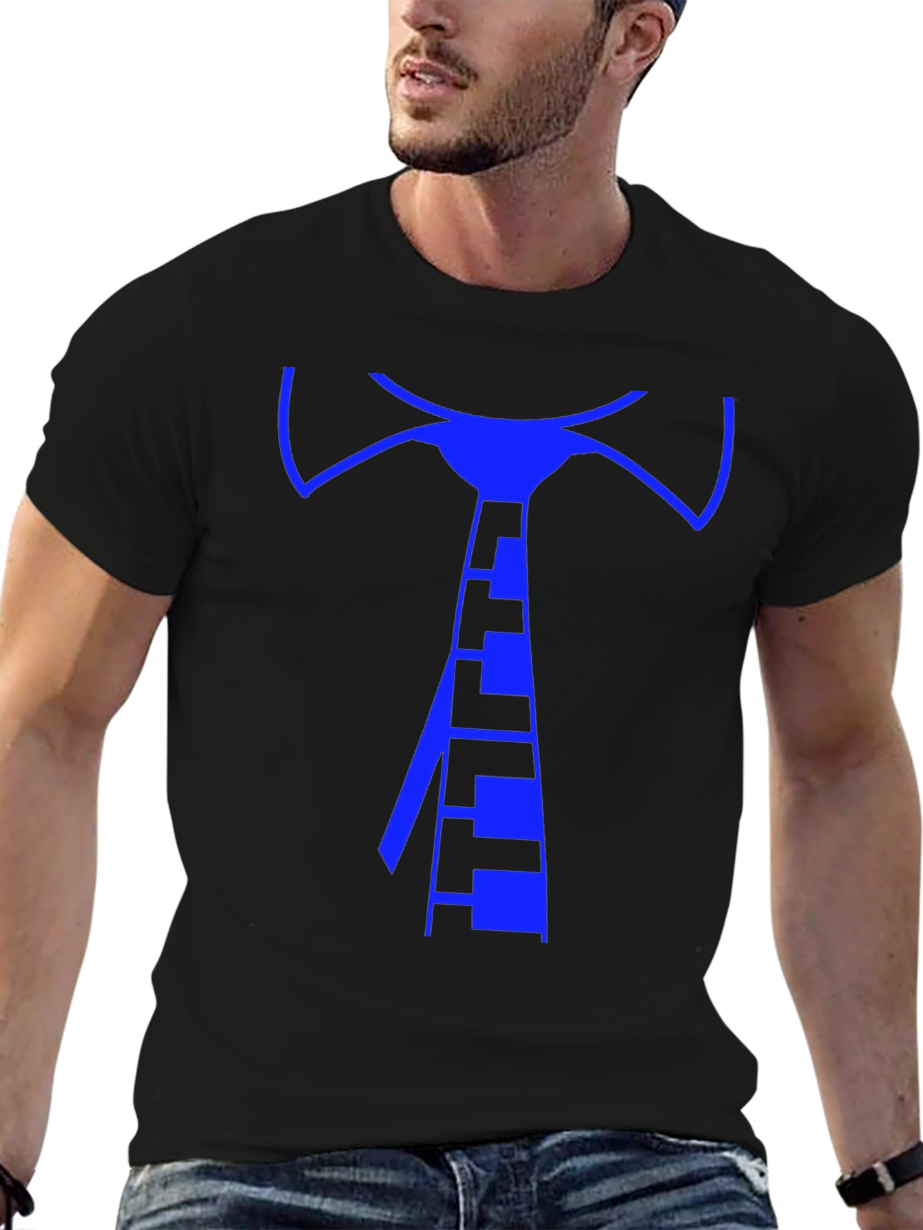 Geometric Blue Tie Graphic Tee - Mens Black T-Shirt
