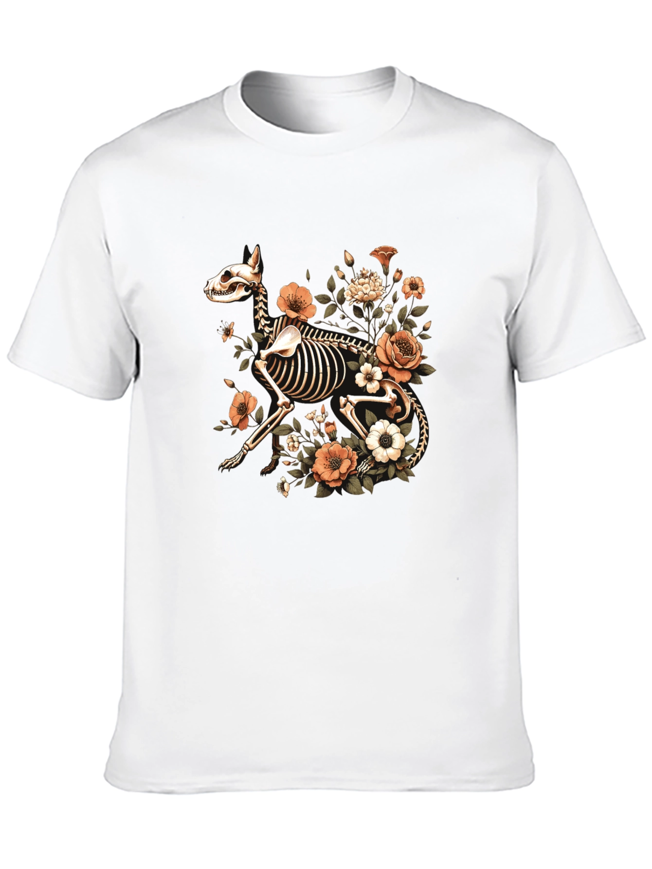 Floral Dog Skeleton Graphic Black T-Shirt