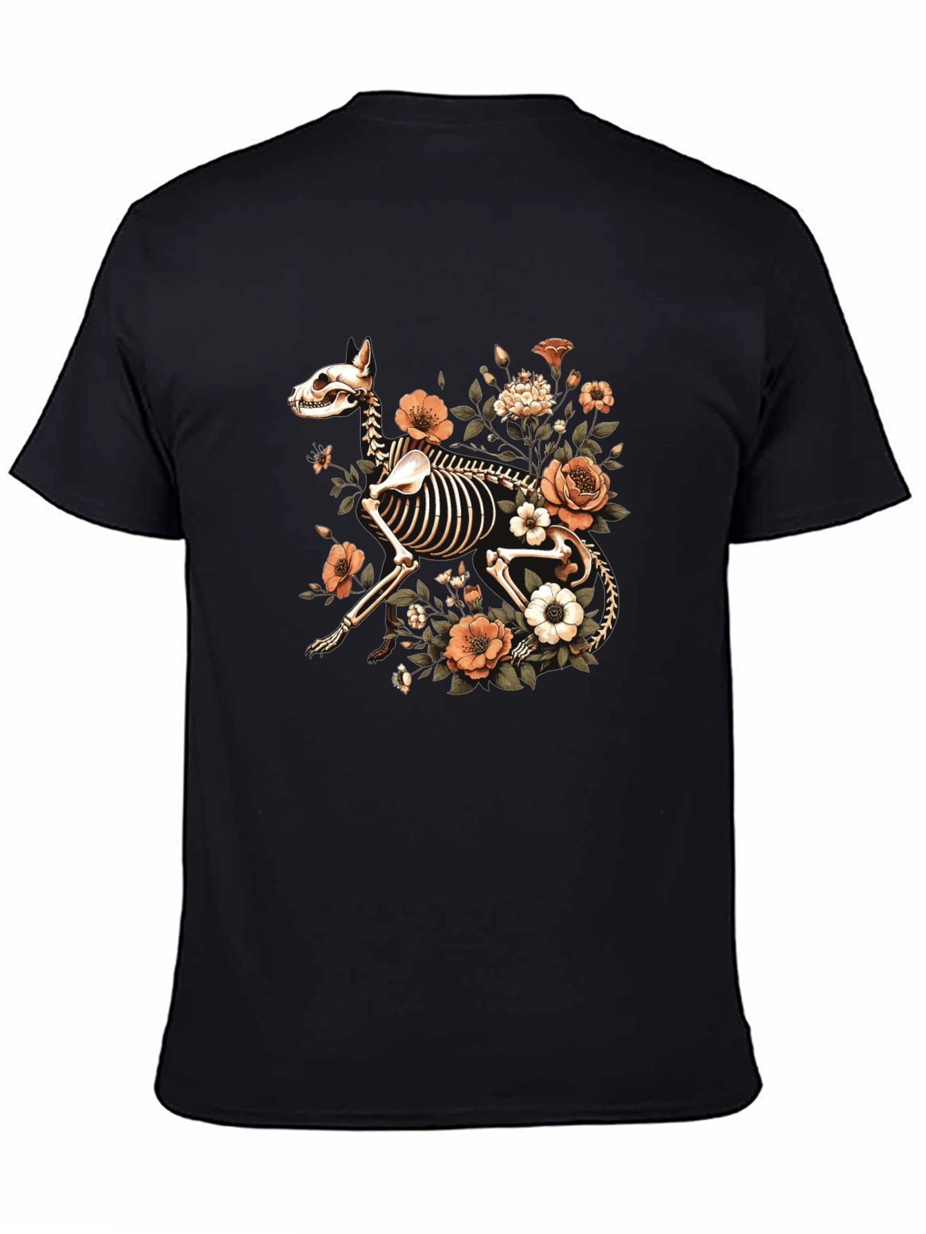 Floral Dog Skeleton Graphic Black T-Shirt