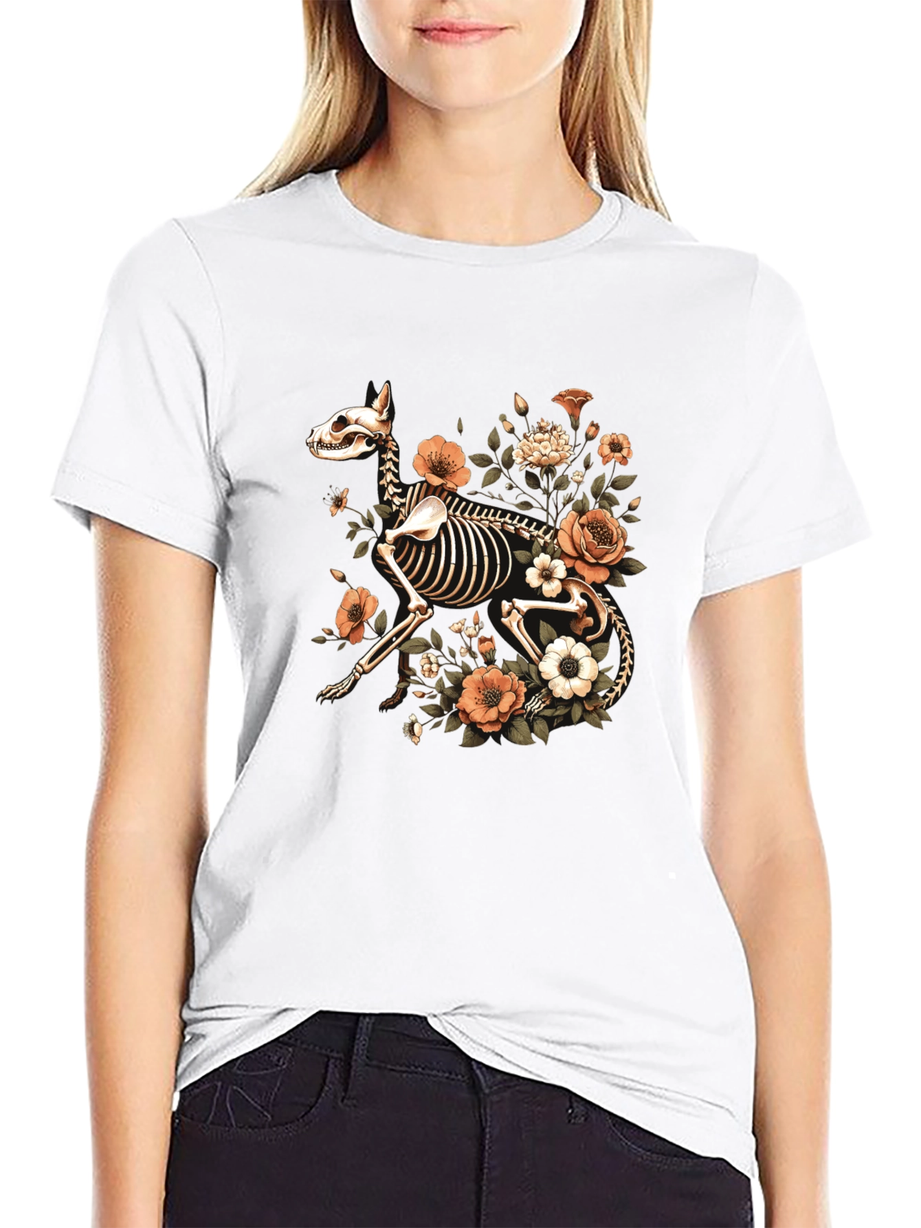 Floral Dog Skeleton Graphic Black T-Shirt