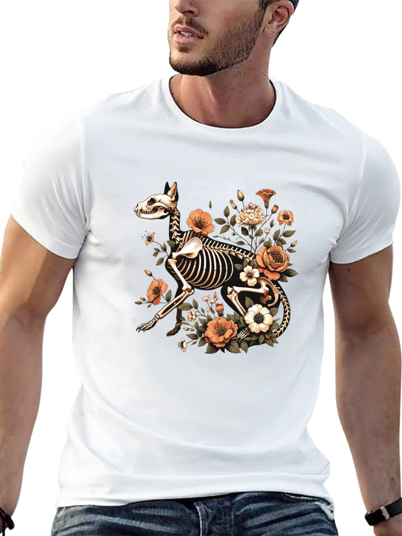 Floral Dog Skeleton Graphic Black T-Shirt