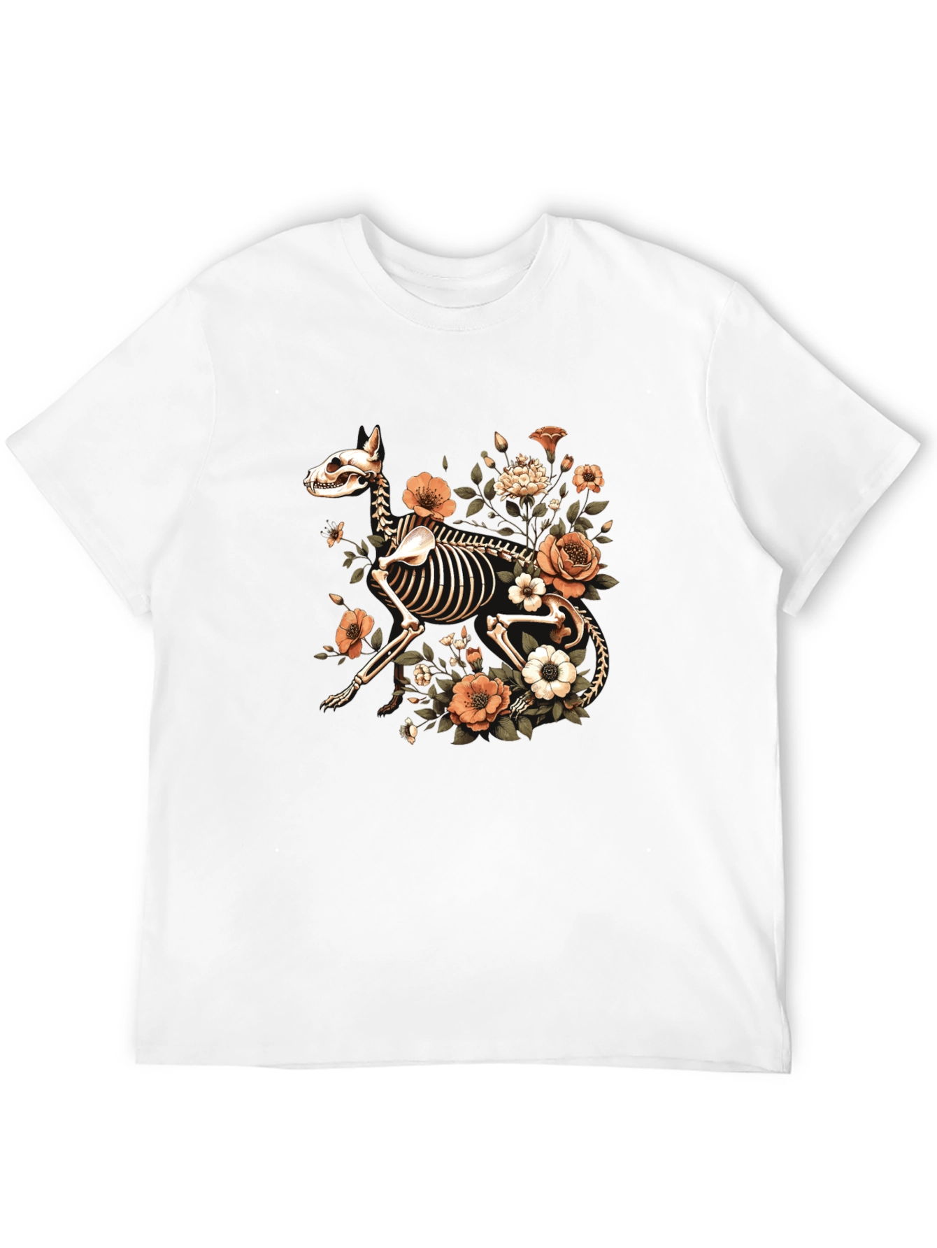Floral Dog Skeleton Graphic Black T-Shirt