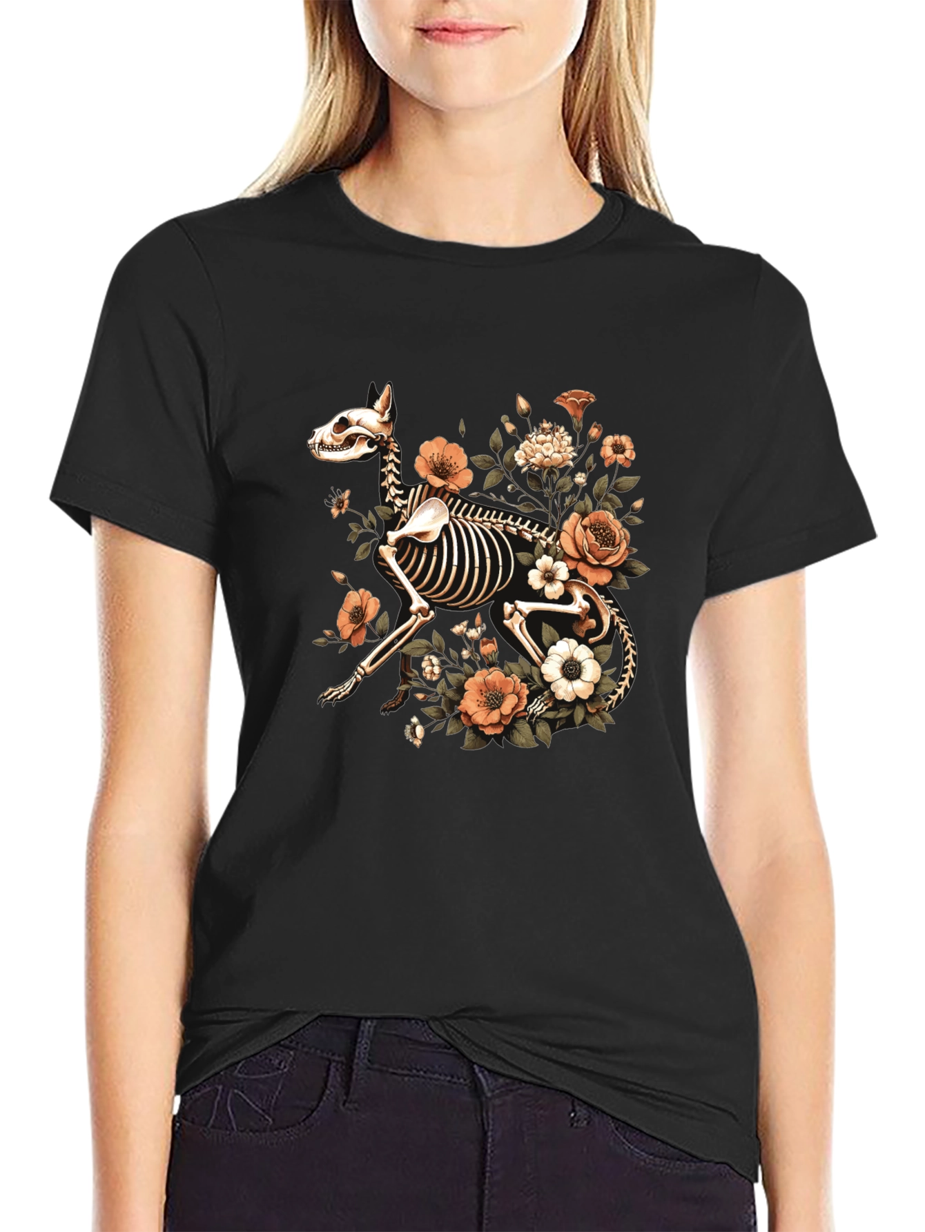 Floral Dog Skeleton Graphic Black T-Shirt