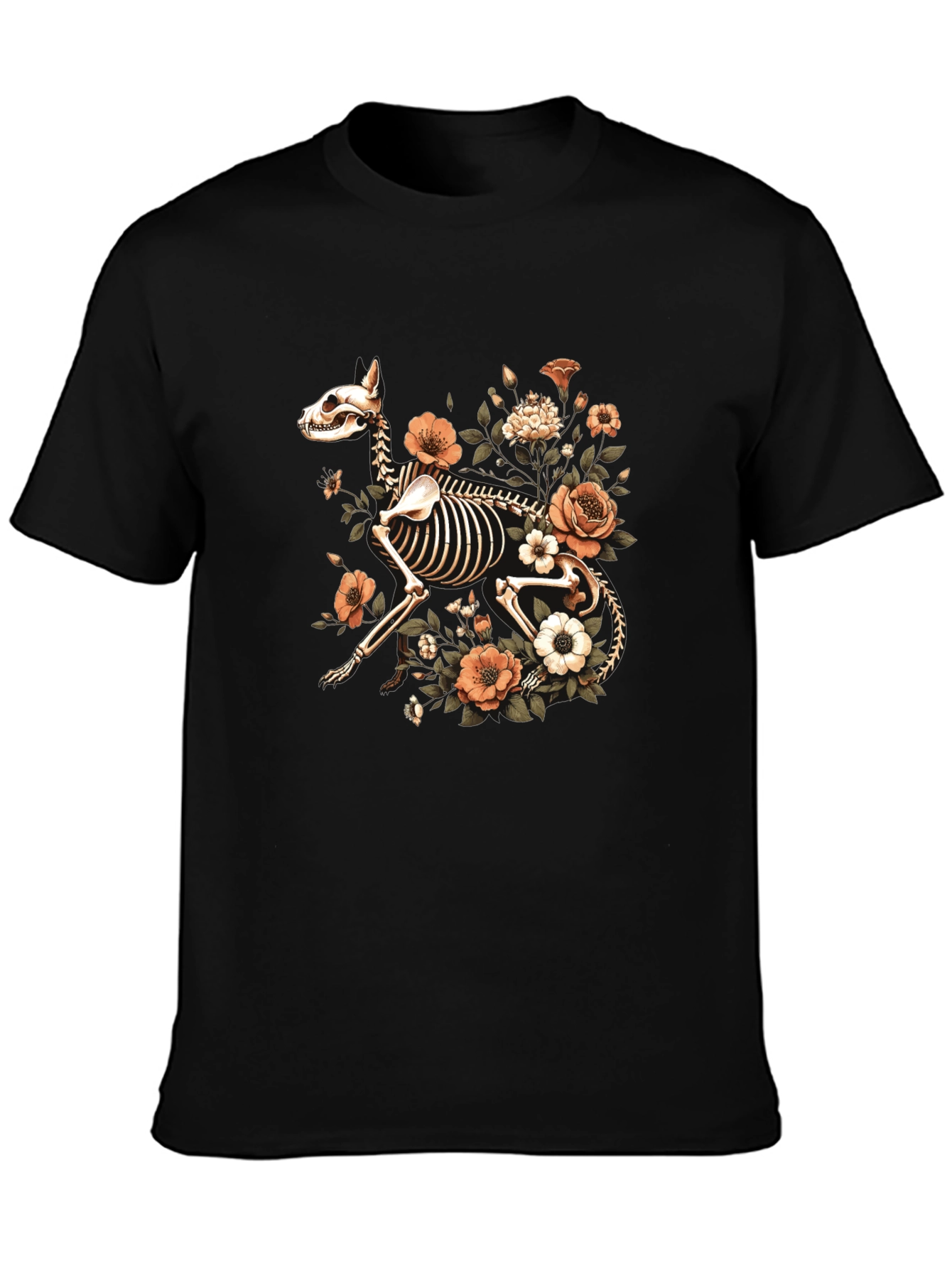 Floral Dog Skeleton Graphic Black T-Shirt