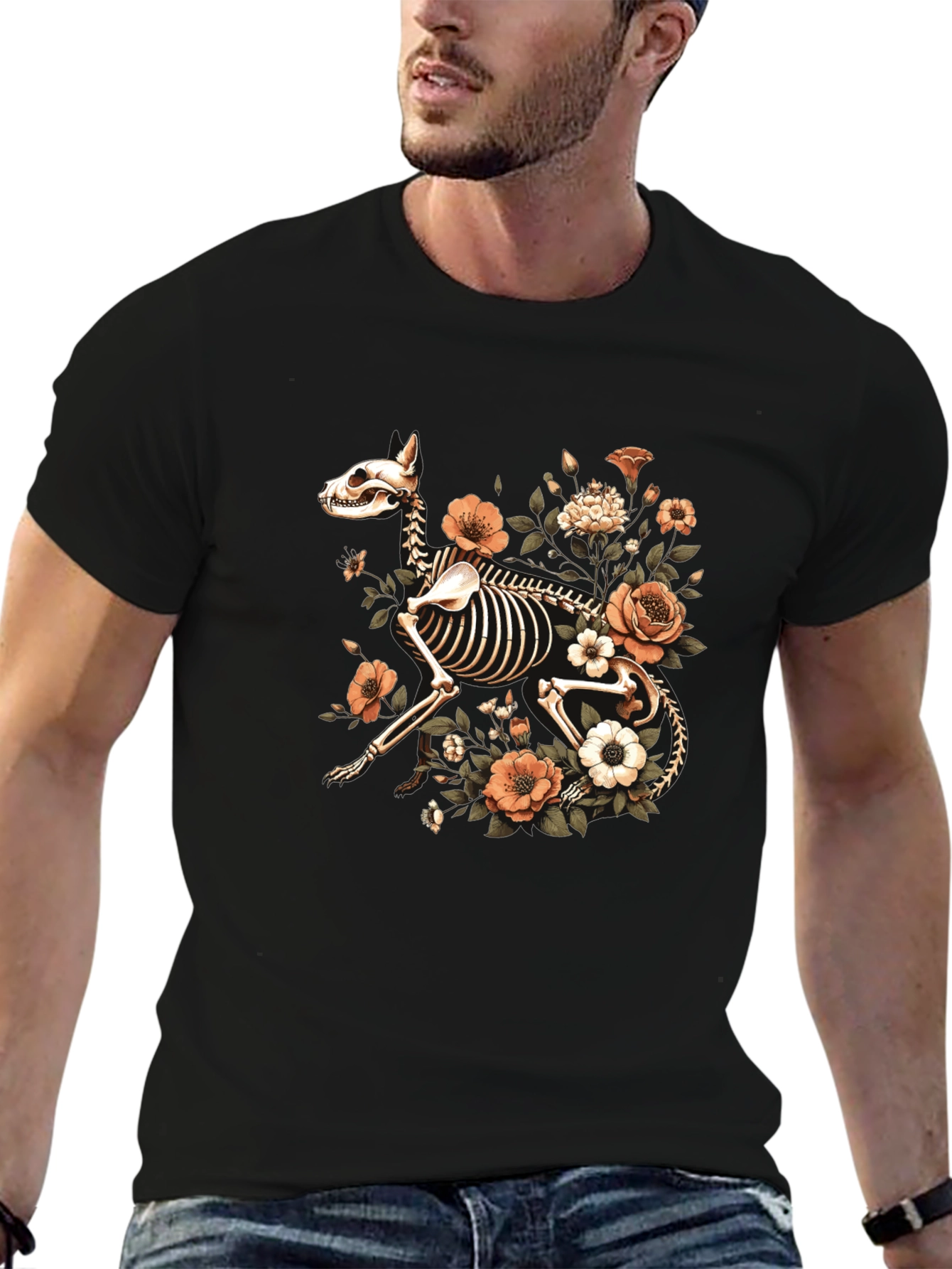 Floral Dog Skeleton Graphic Black T-Shirt