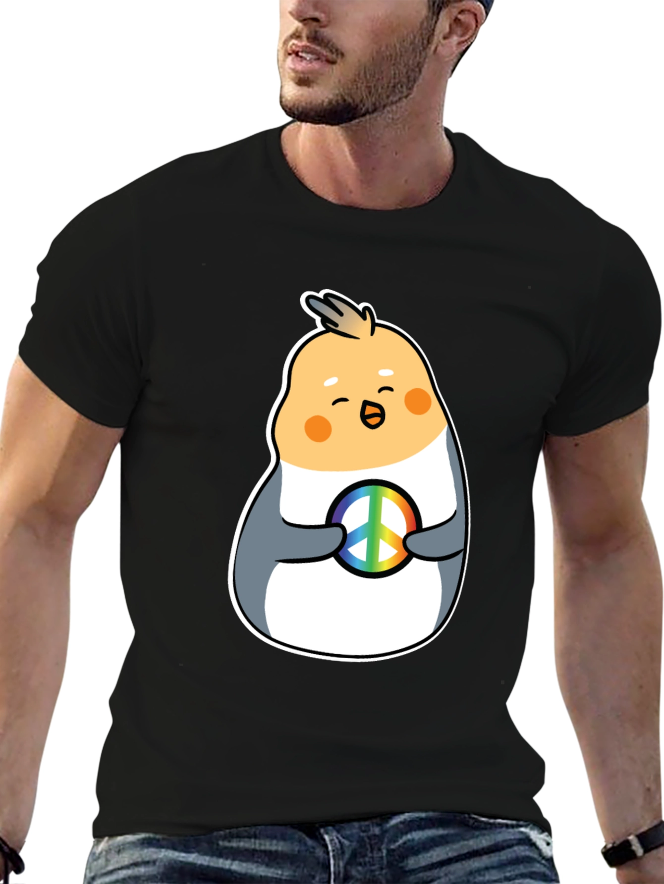 Cockatiel Peace Sign Graphic Tee - Black Cotton Blend