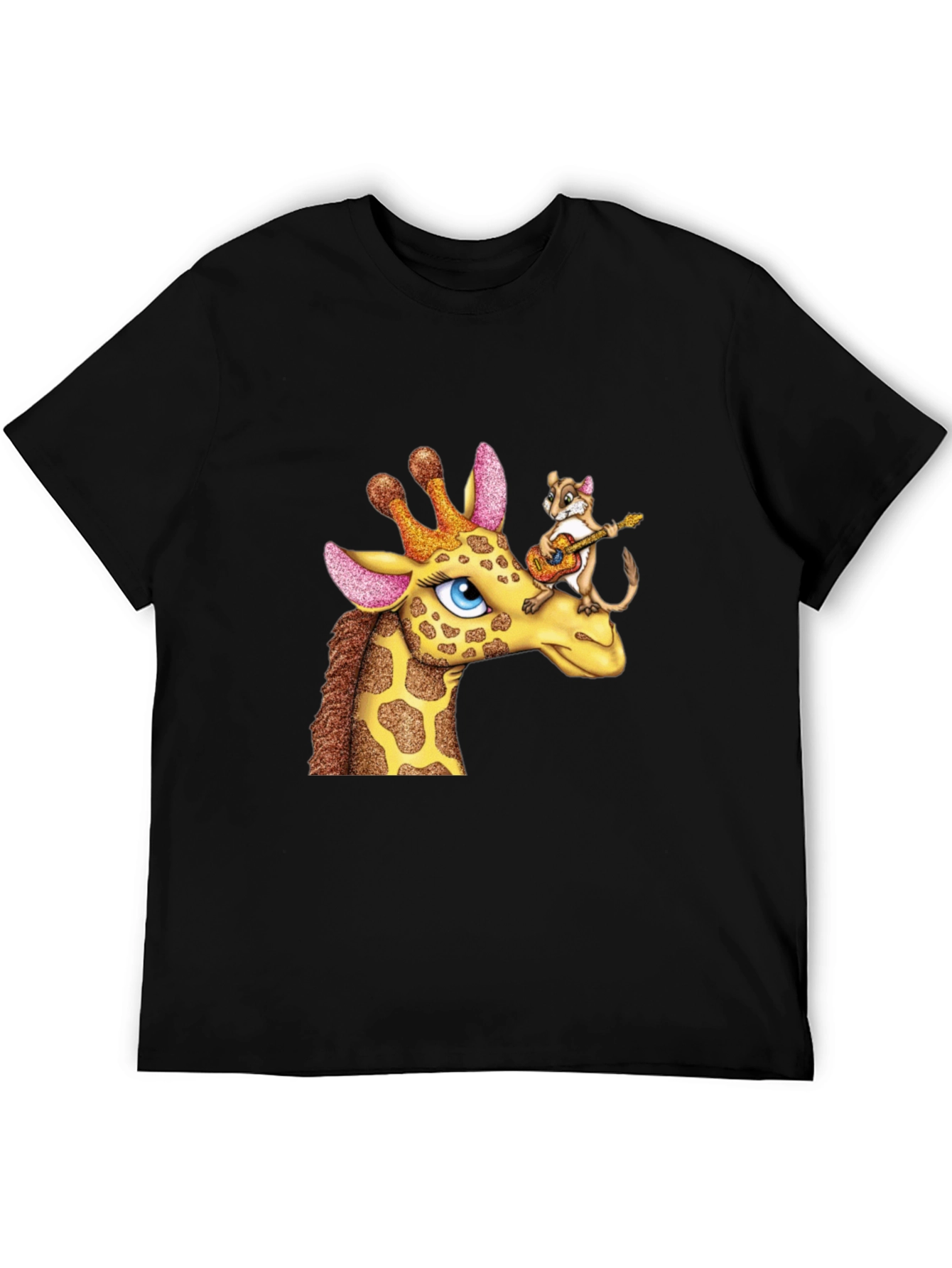 Giraffe & Squirrel Cartoon Graphic Black T-Shirt