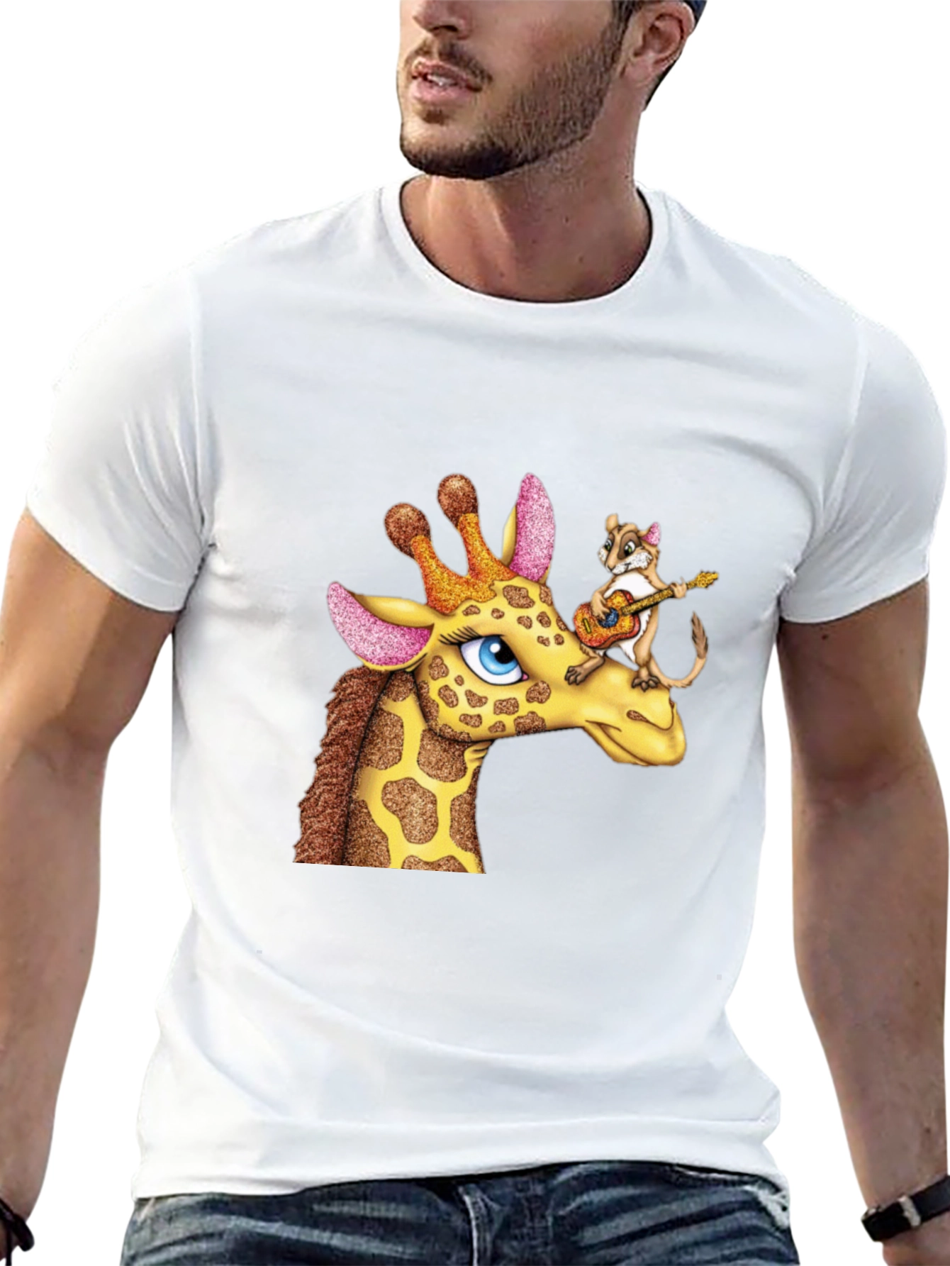 Giraffe & Squirrel Cartoon Graphic Black T-Shirt
