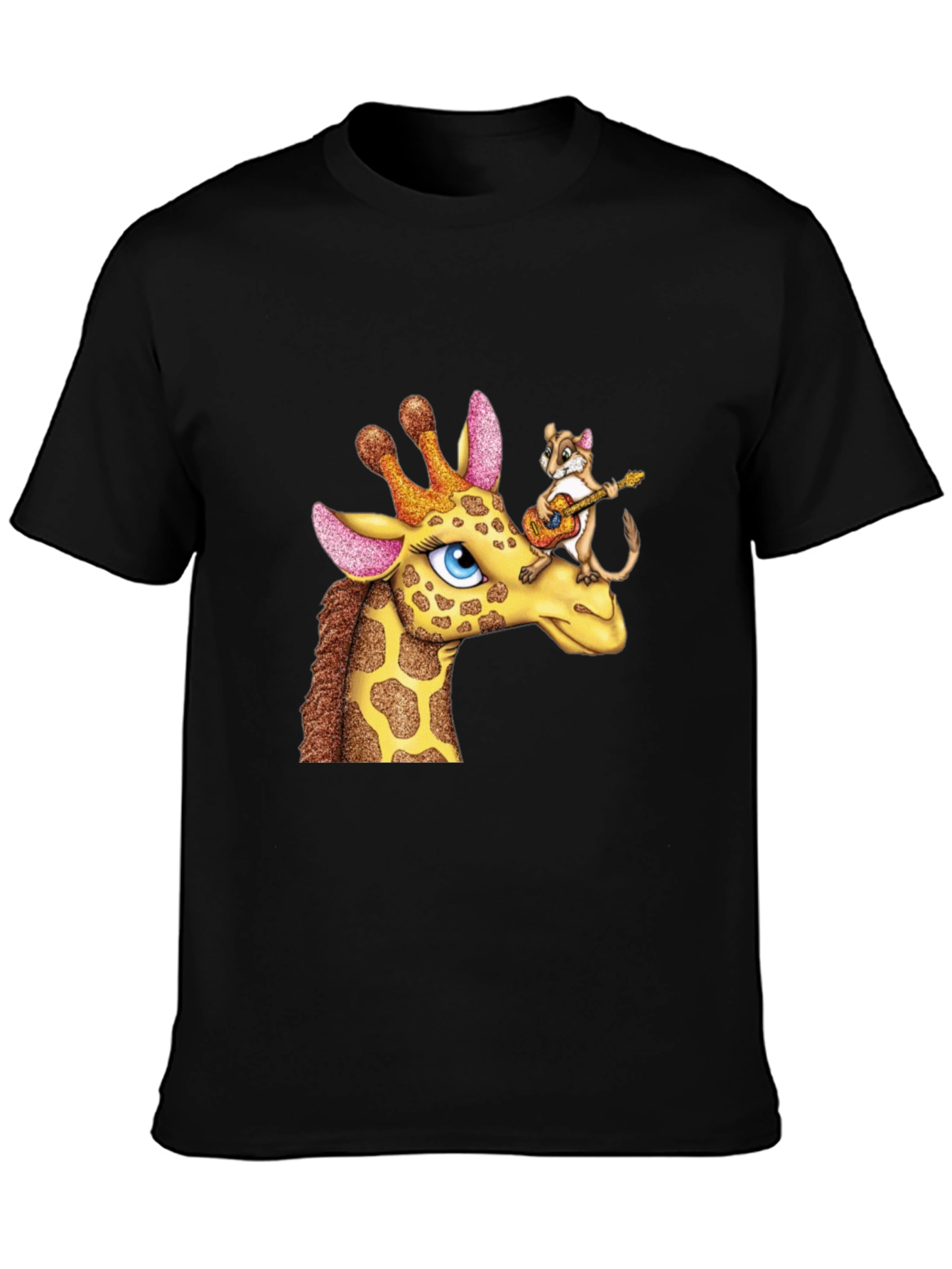Giraffe & Squirrel Cartoon Graphic Black T-Shirt