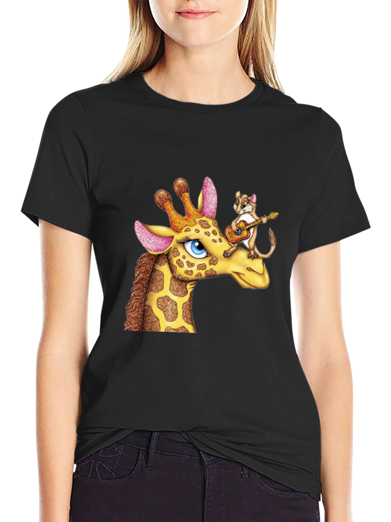 Giraffe & Squirrel Cartoon Graphic Black T-Shirt