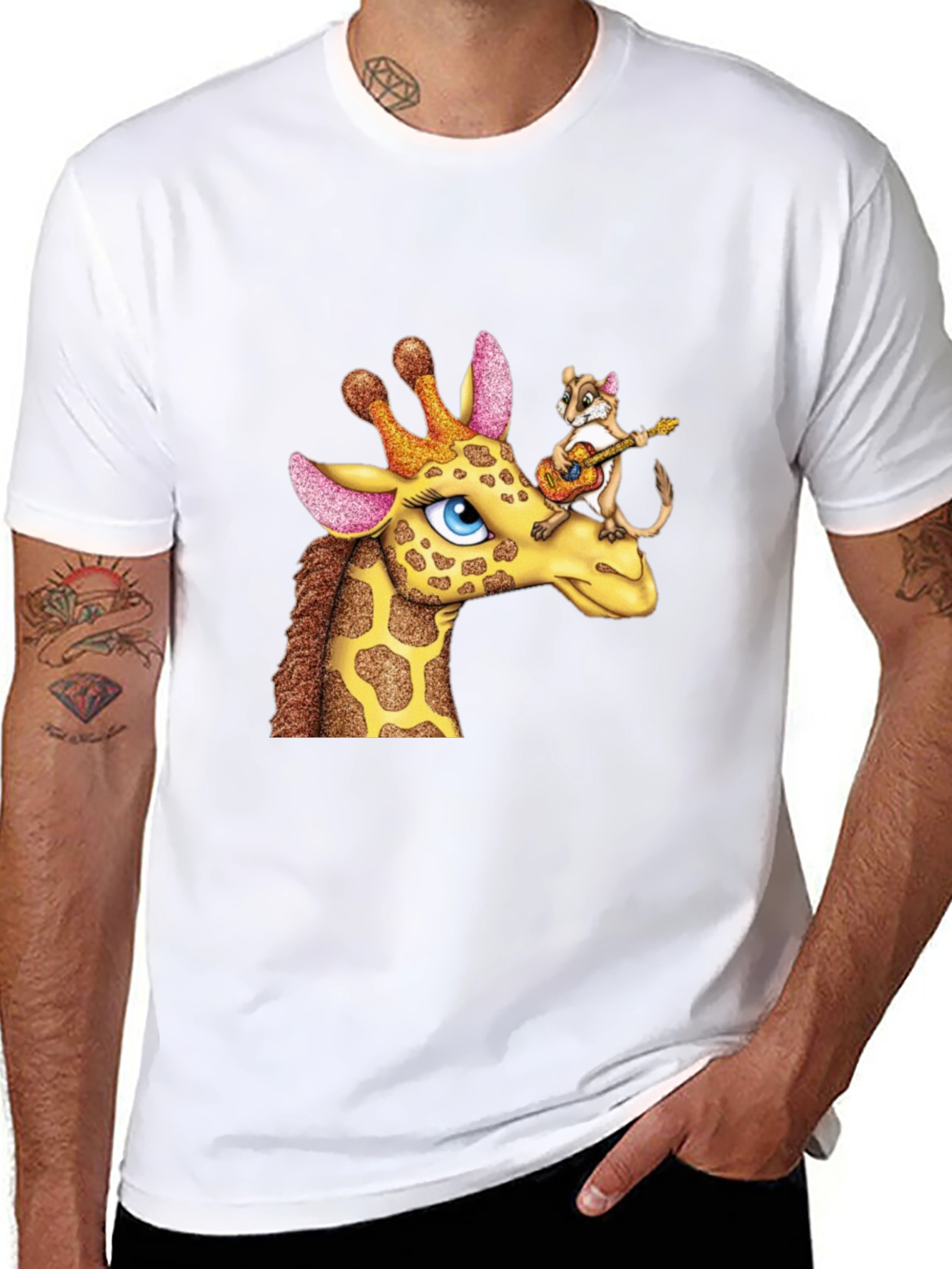 Giraffe & Squirrel Cartoon Graphic Black T-Shirt