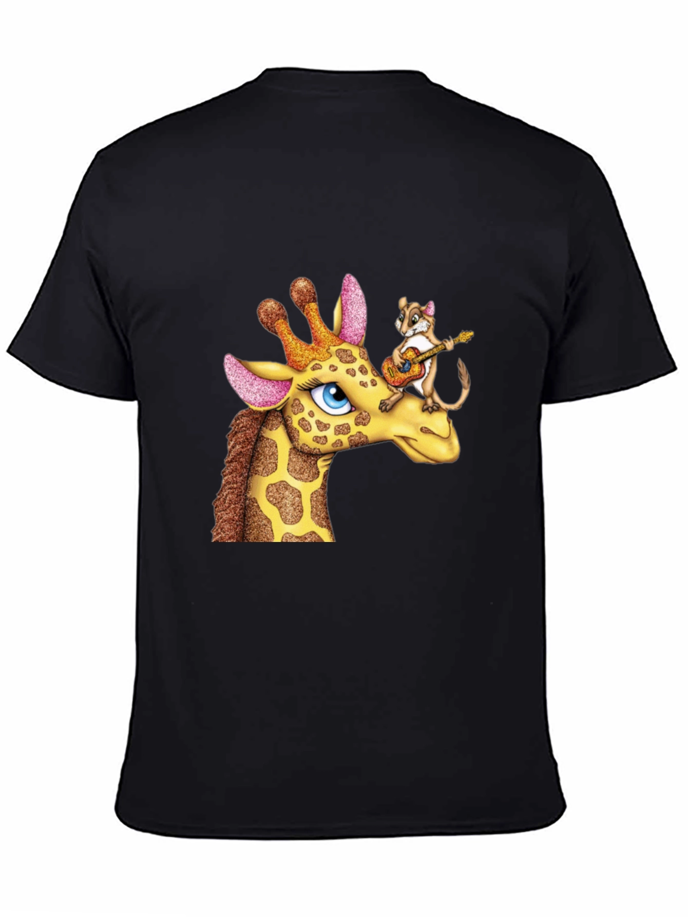 Giraffe & Squirrel Cartoon Graphic Black T-Shirt