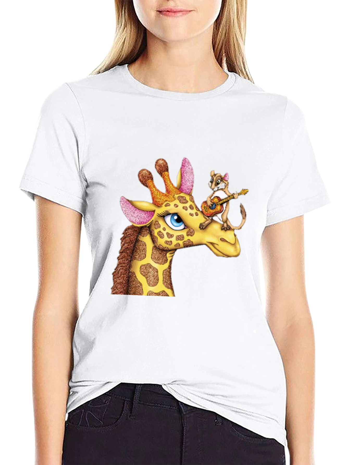 Giraffe & Squirrel Cartoon Graphic Black T-Shirt