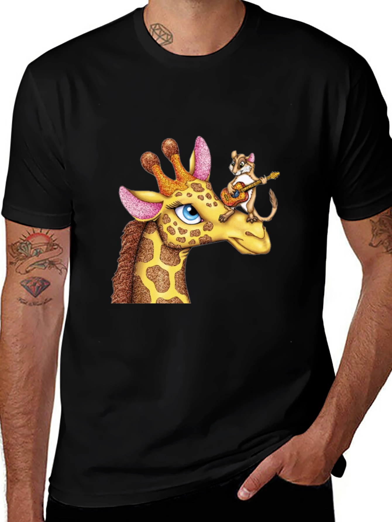 Giraffe & Squirrel Cartoon Graphic Black T-Shirt