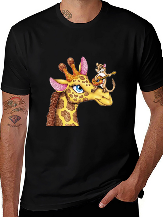 Giraffe & Squirrel Cartoon Graphic Black T-Shirt