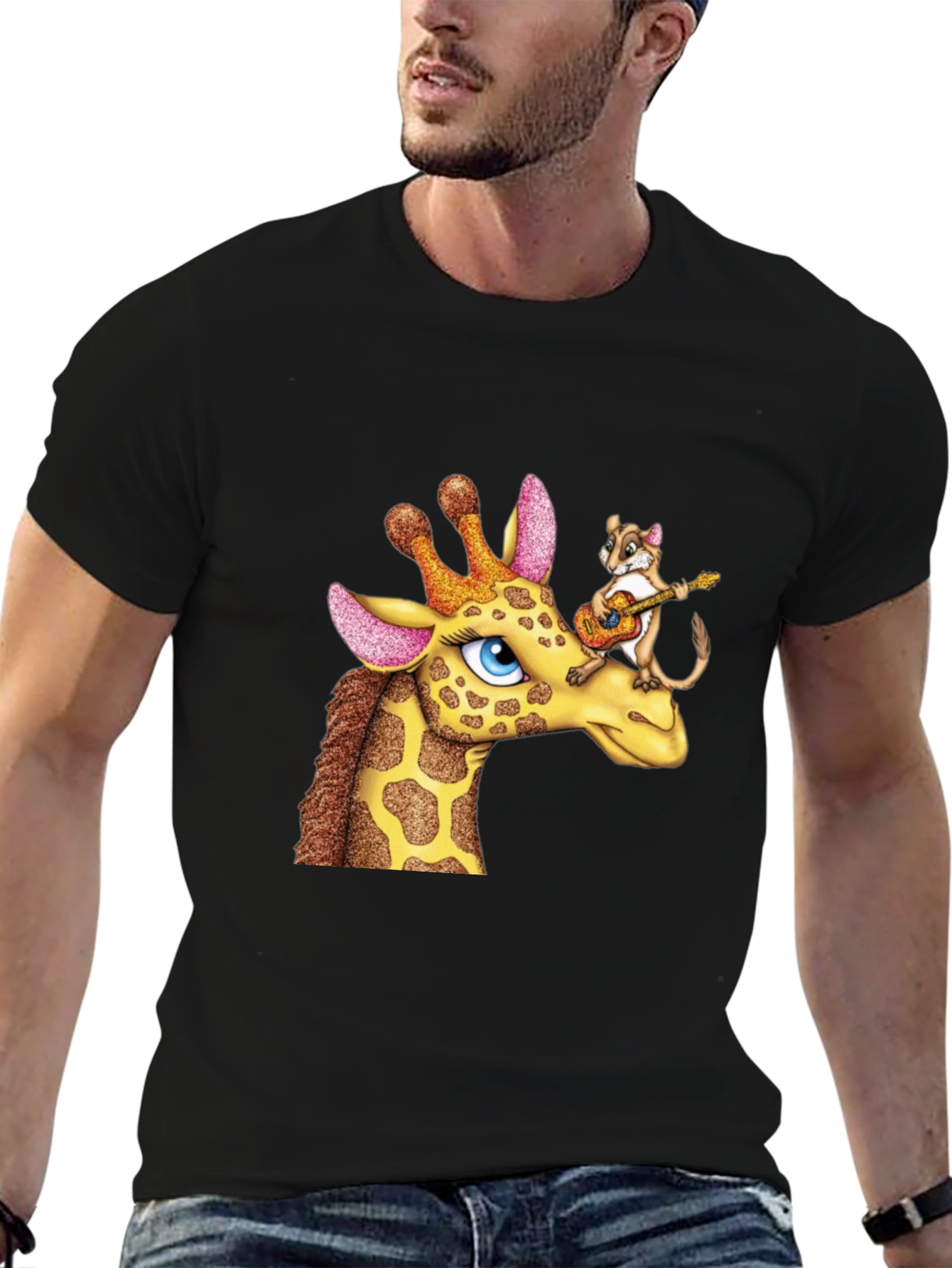 Giraffe & Squirrel Cartoon Graphic Black T-Shirt