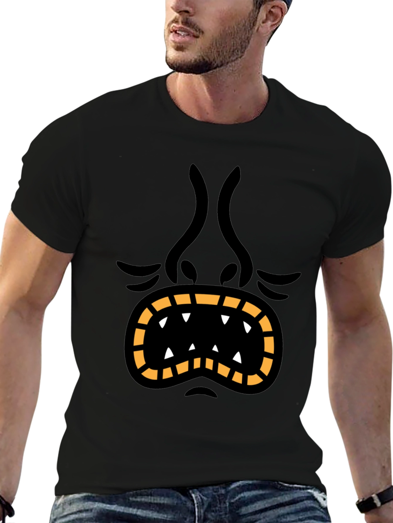 Monster Face Graphic Tee - Black Cotton T-Shirt