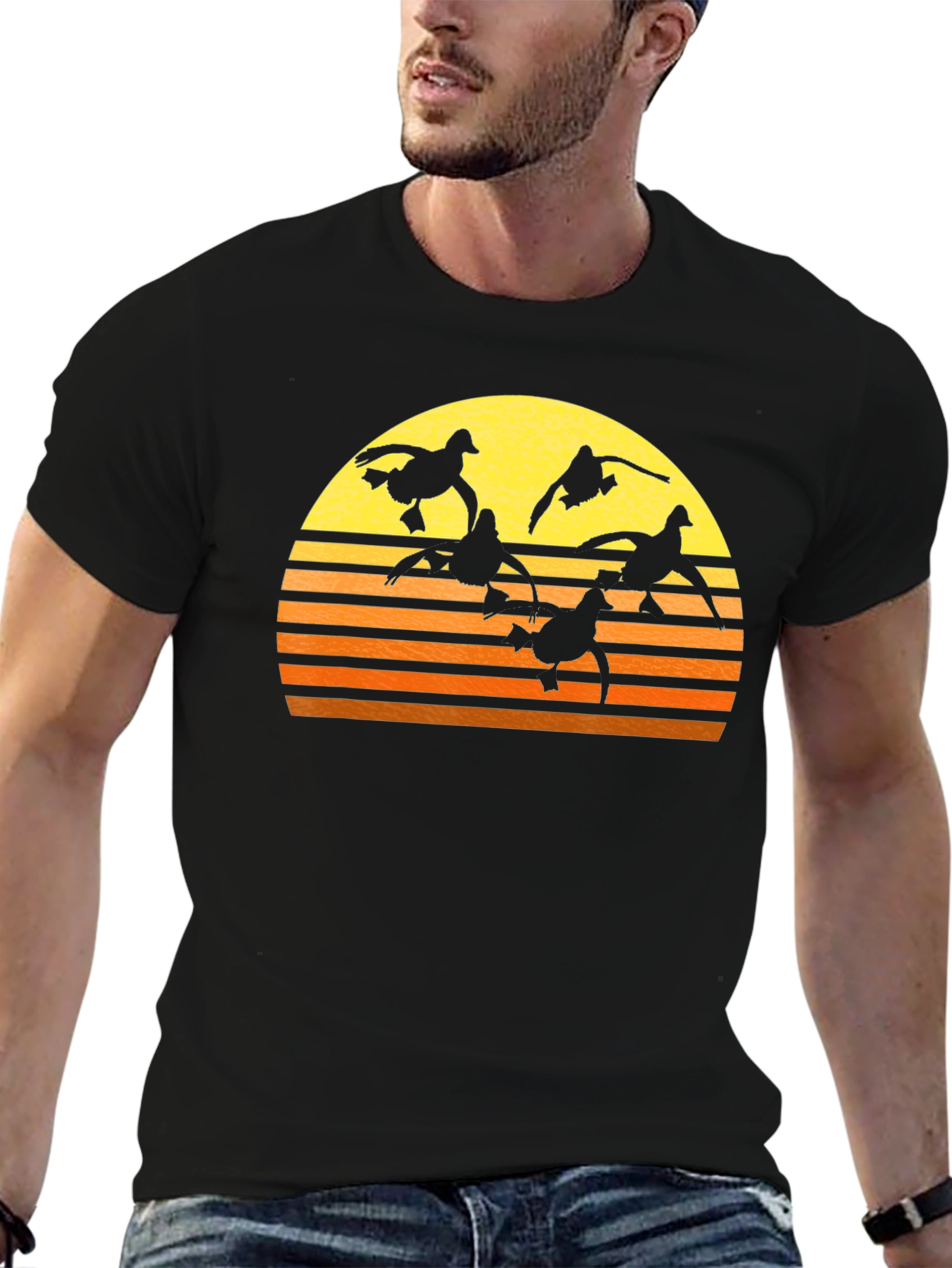 Sunset Ducks Graphic Tee - Black Cotton T-Shirt