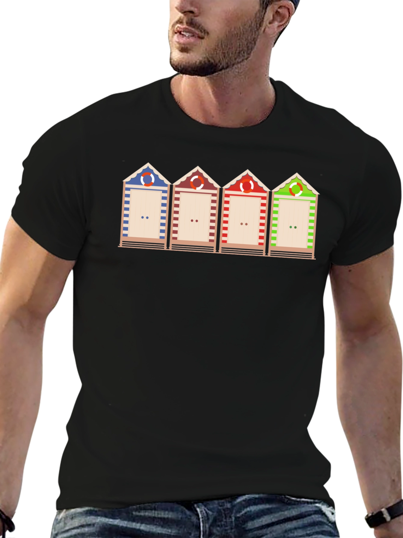 Beach Huts Graphic T-Shirt - Black Casual Tee