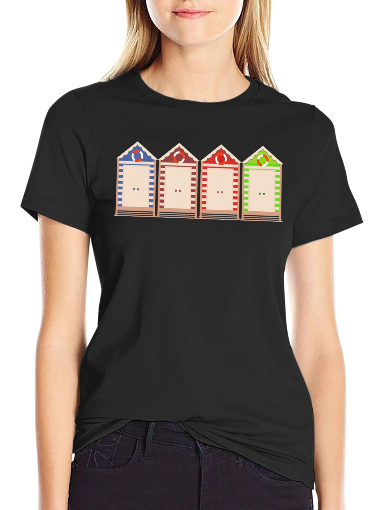 Beach Huts Graphic T-Shirt - Black Casual Tee