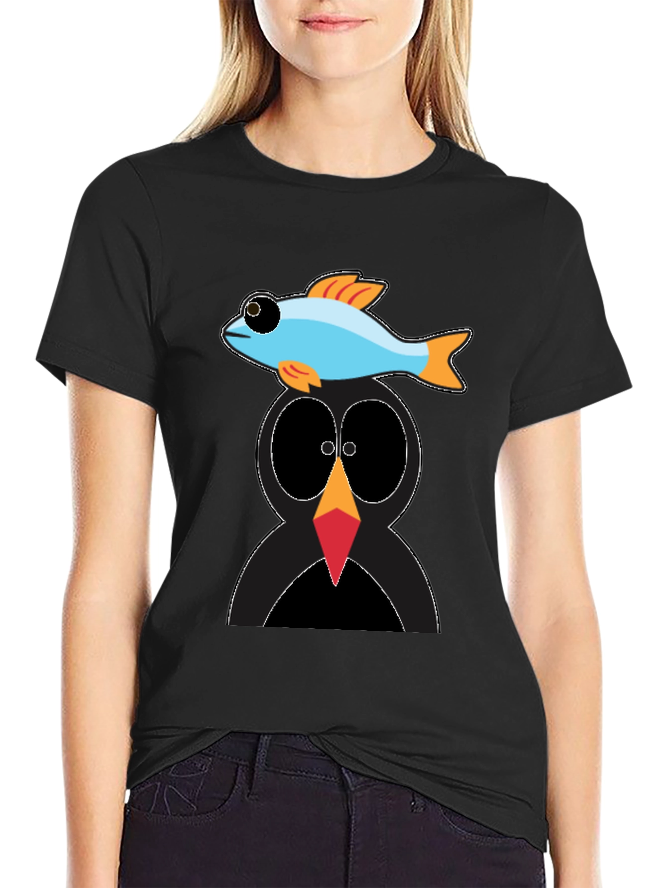 Penguin Fish Graphic Tee - Unique Cartoon T-Shirt
