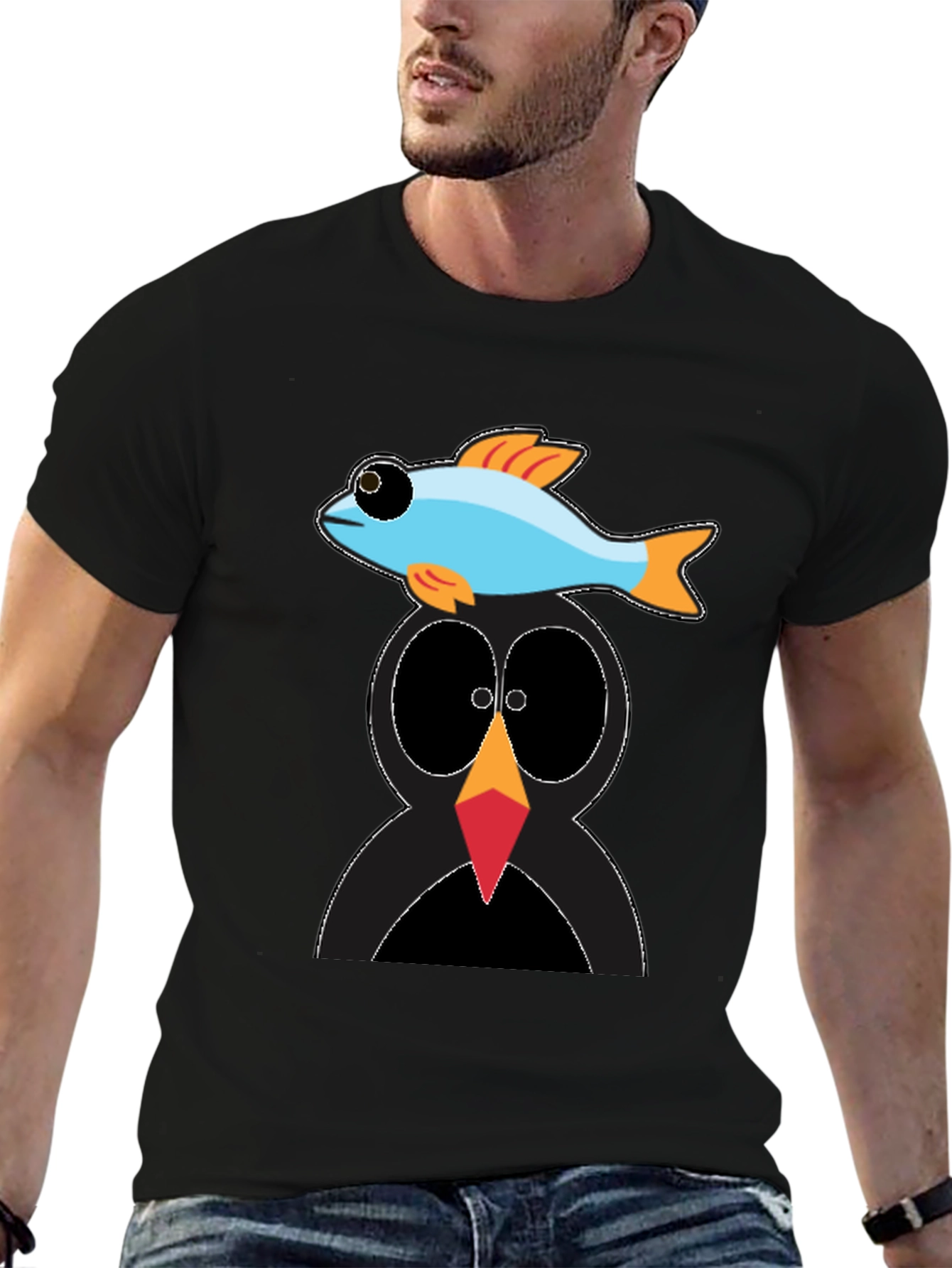 Penguin Fish Graphic Tee - Unique Cartoon T-Shirt