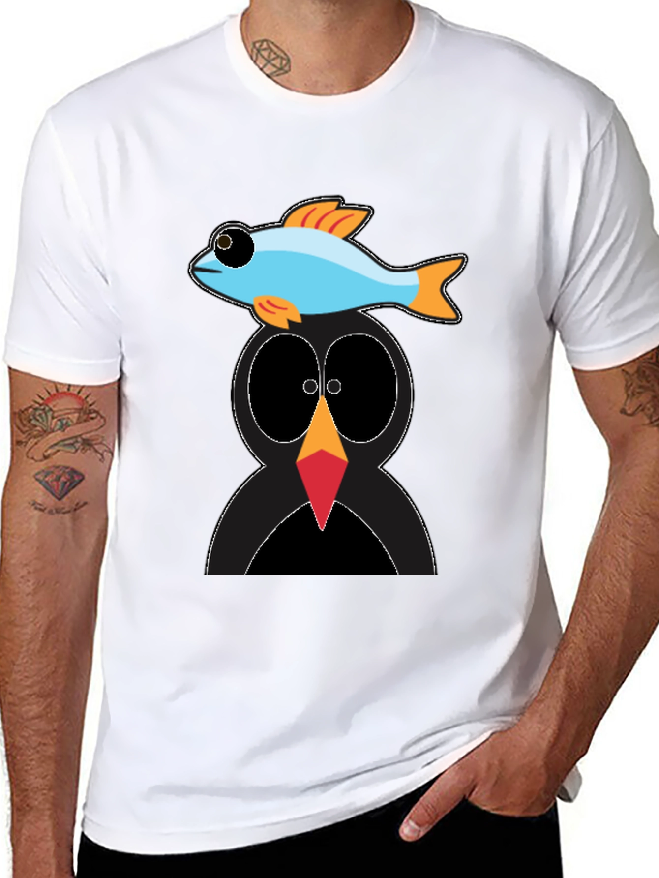Penguin Fish Graphic Tee - Unique Cartoon T-Shirt