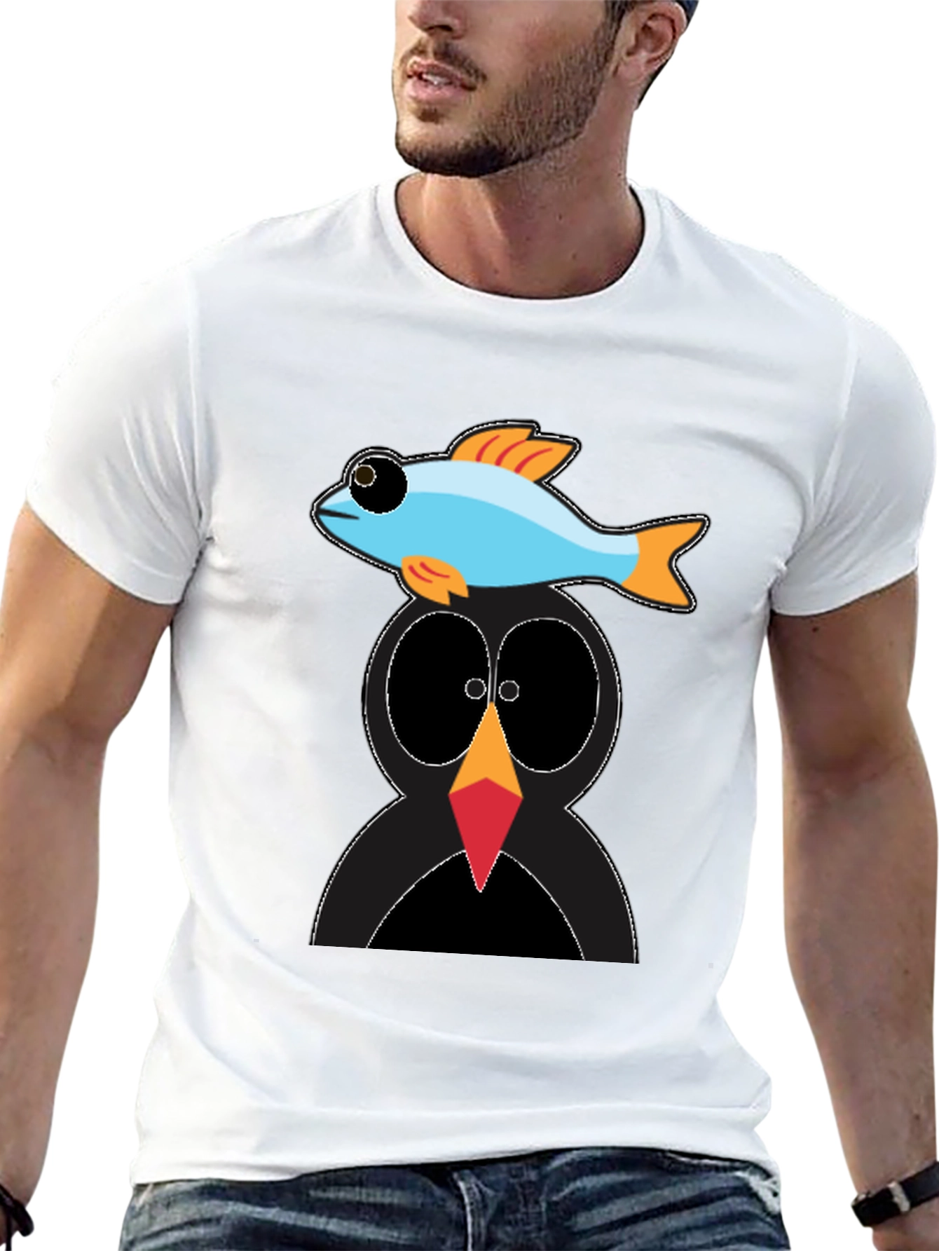 Penguin Fish Graphic Tee - Unique Cartoon T-Shirt