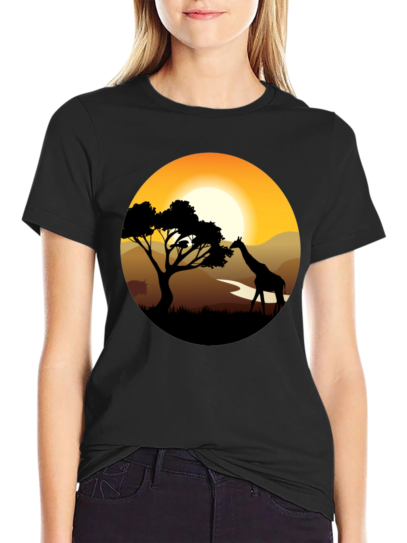 African Sunset Giraffe Black T-Shirt