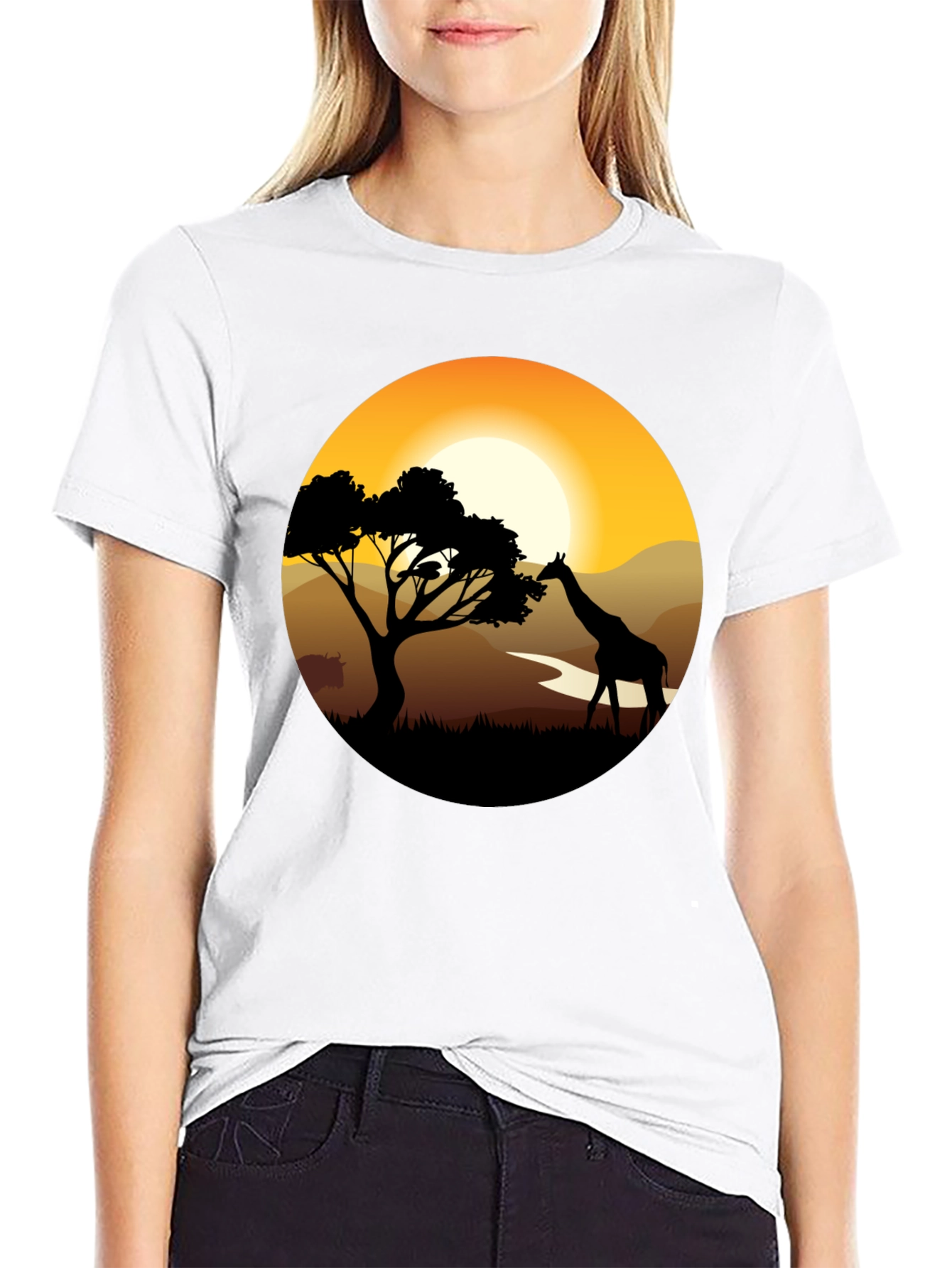 African Sunset Giraffe Black T-Shirt