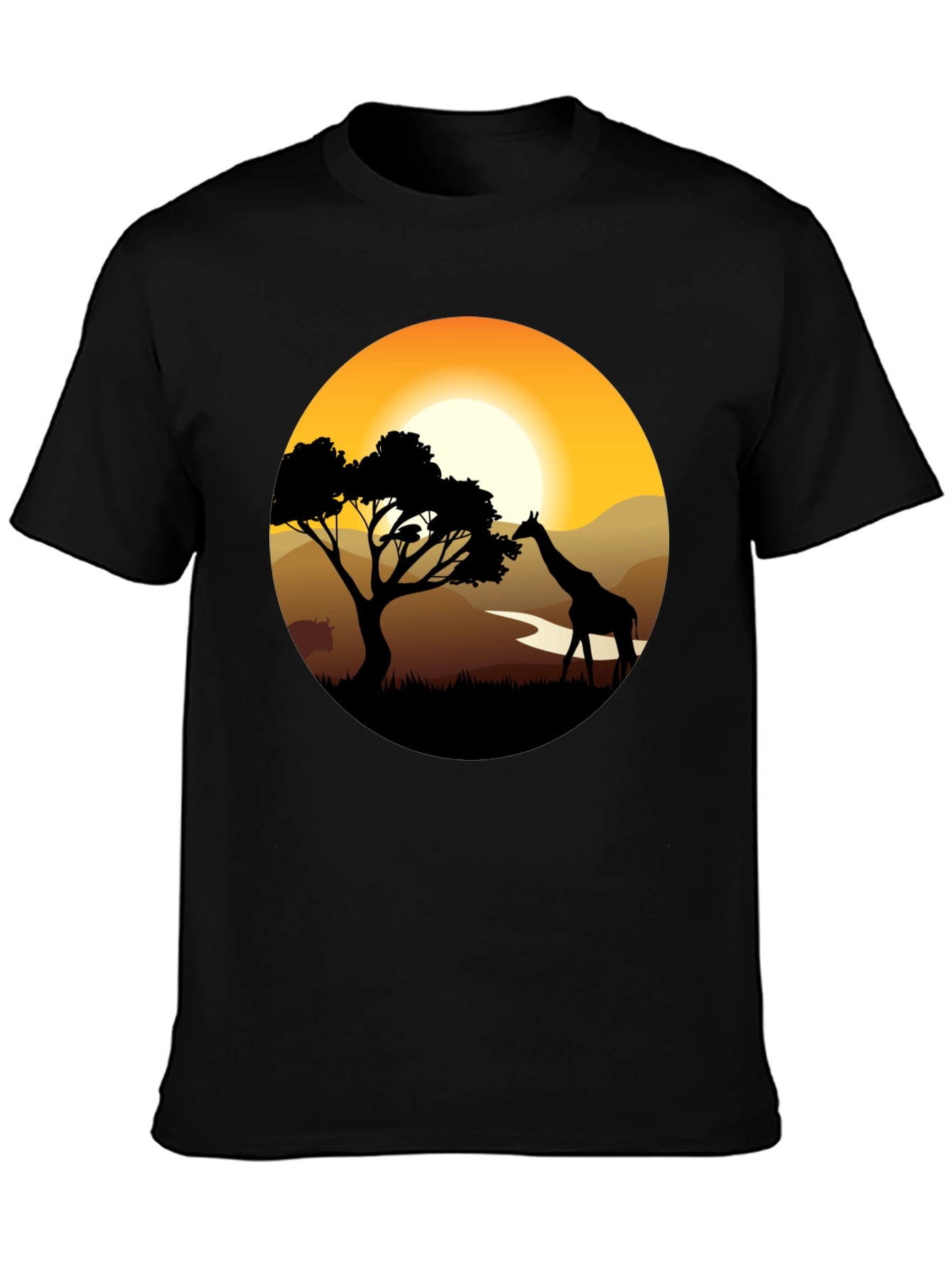 African Sunset Giraffe Black T-Shirt