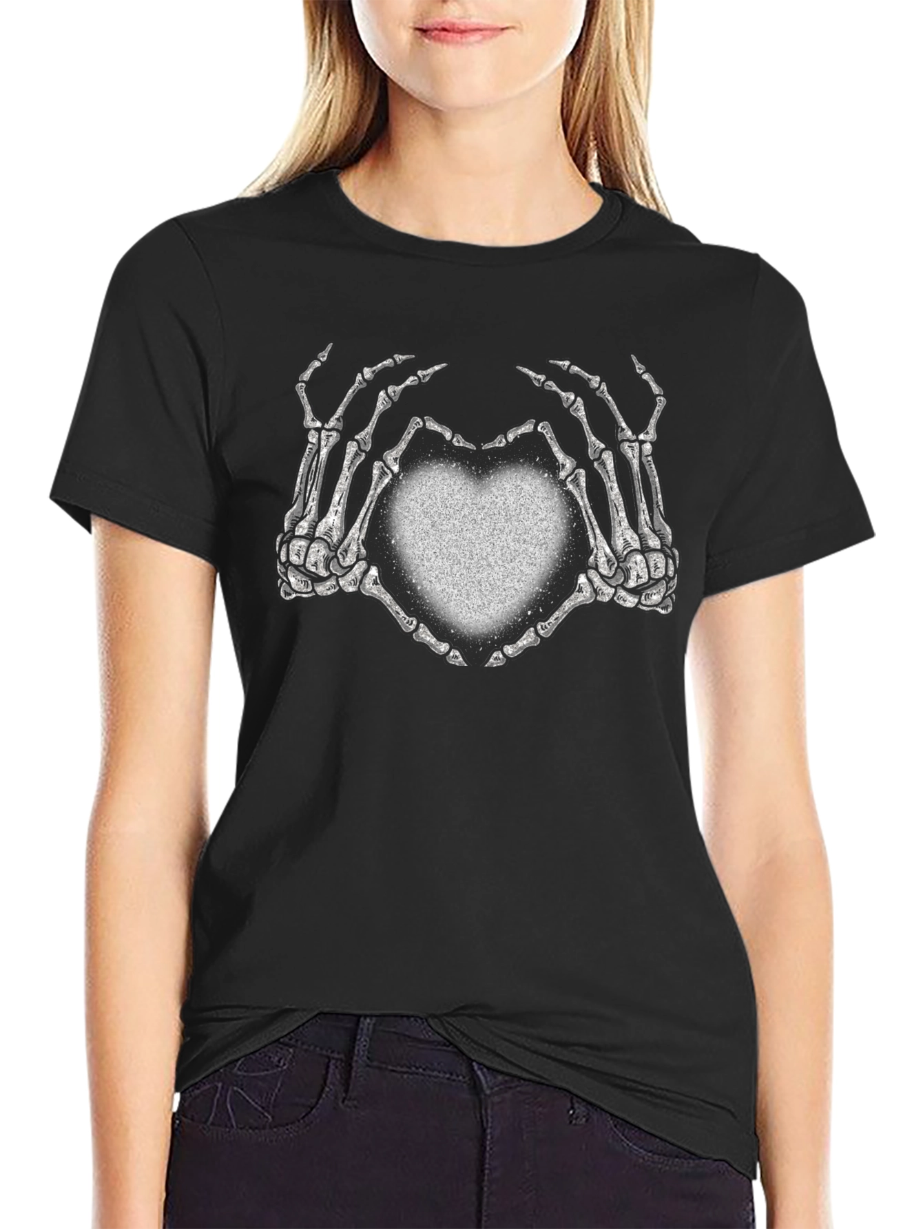 Skeleton Hands Heart Graphic Black Tee