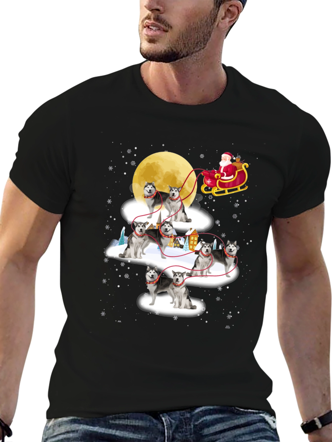 Festive Husky Santa Sleigh T-Shirt