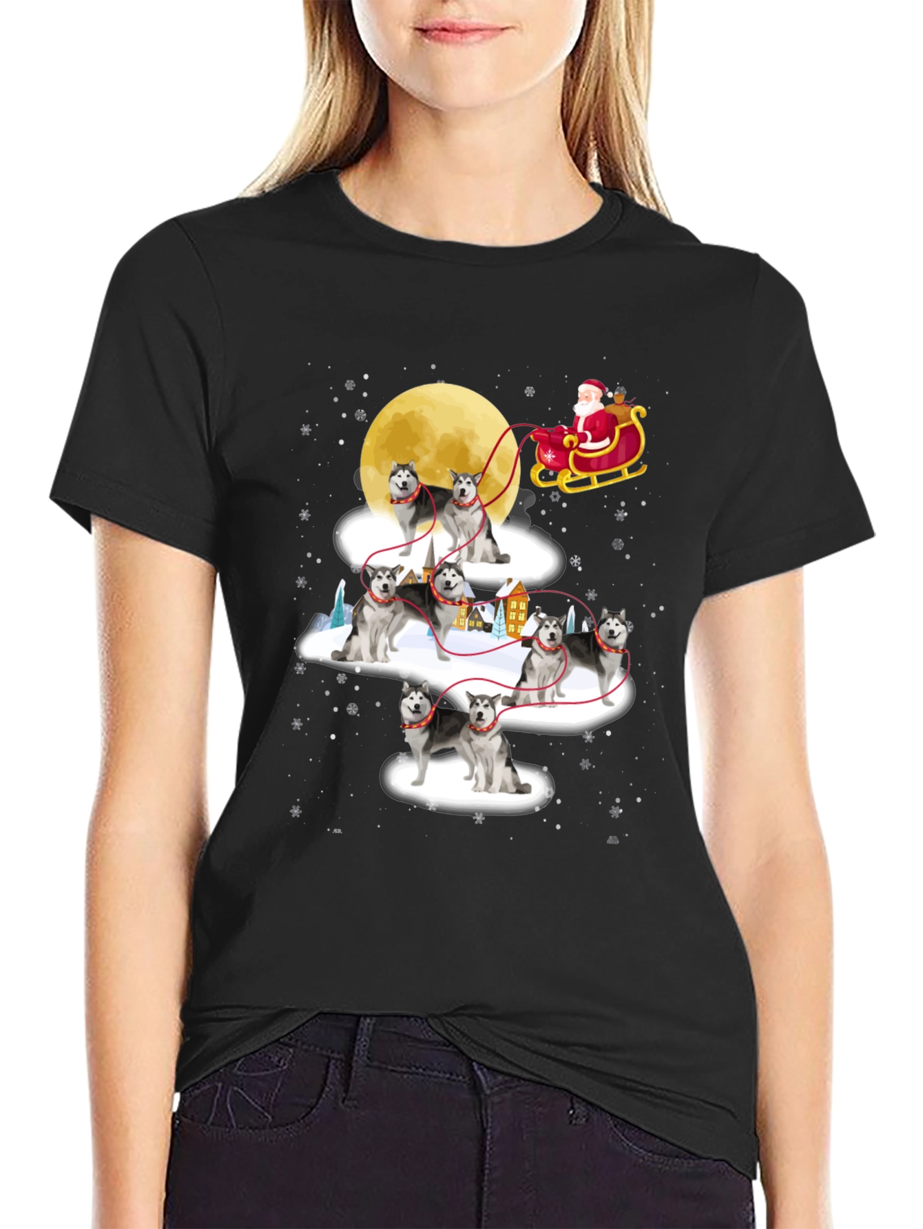 Festive Husky Santa Sleigh T-Shirt
