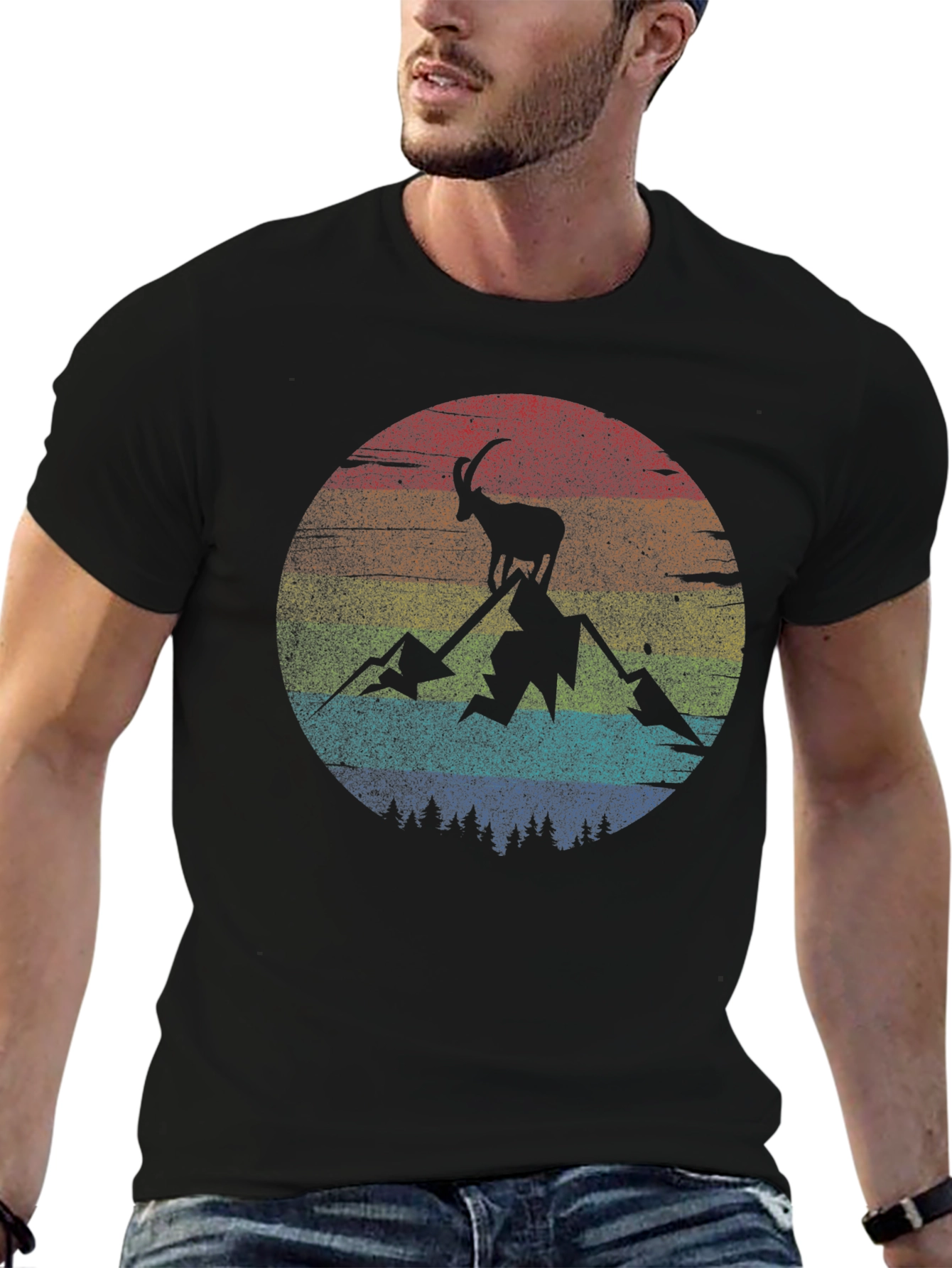 Retro Mountain Goat Graphic Tee - Black