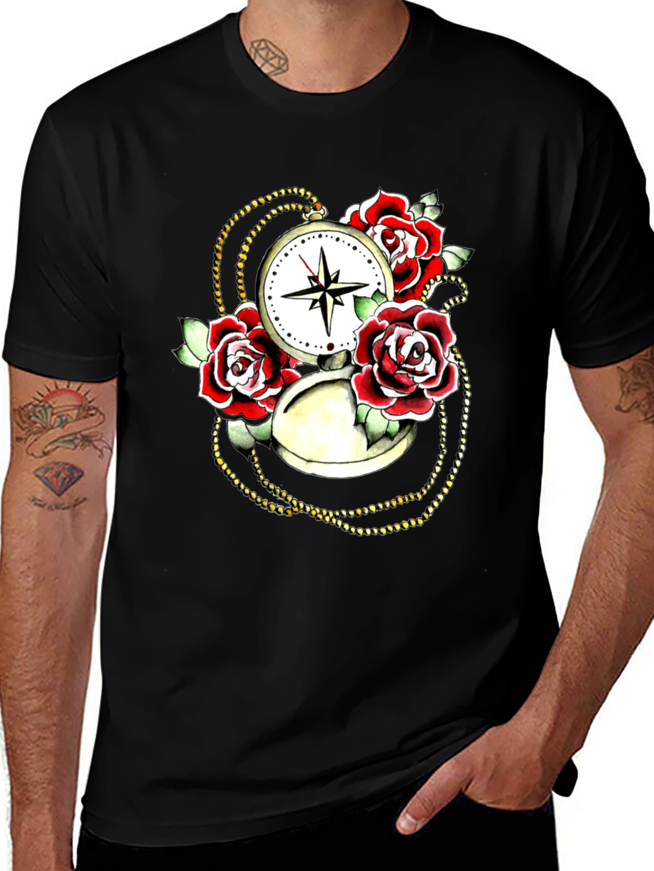 Rose Compass Graphic Black T-Shirt