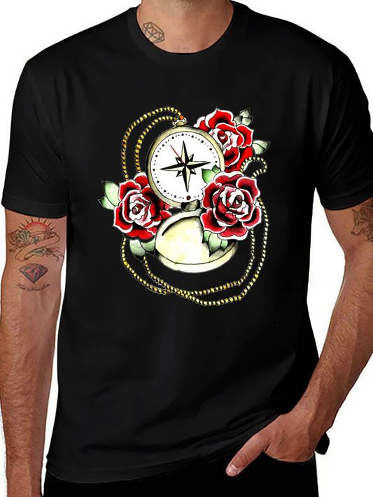 Rose Compass Graphic Black T-Shirt