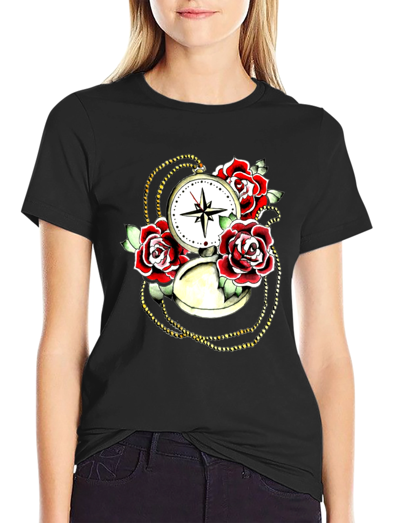 Rose Compass Graphic Black T-Shirt