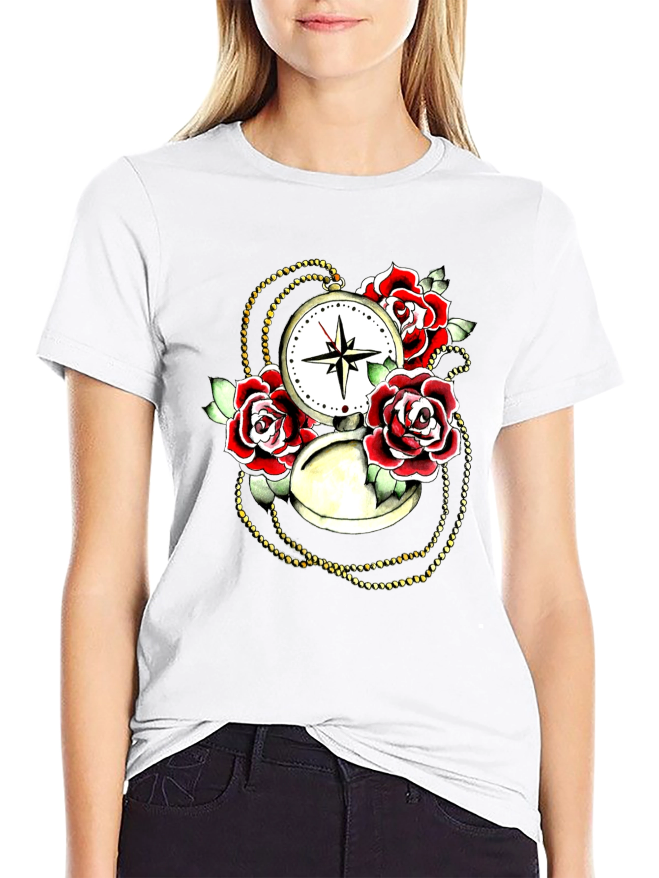Rose Compass Graphic Black T-Shirt