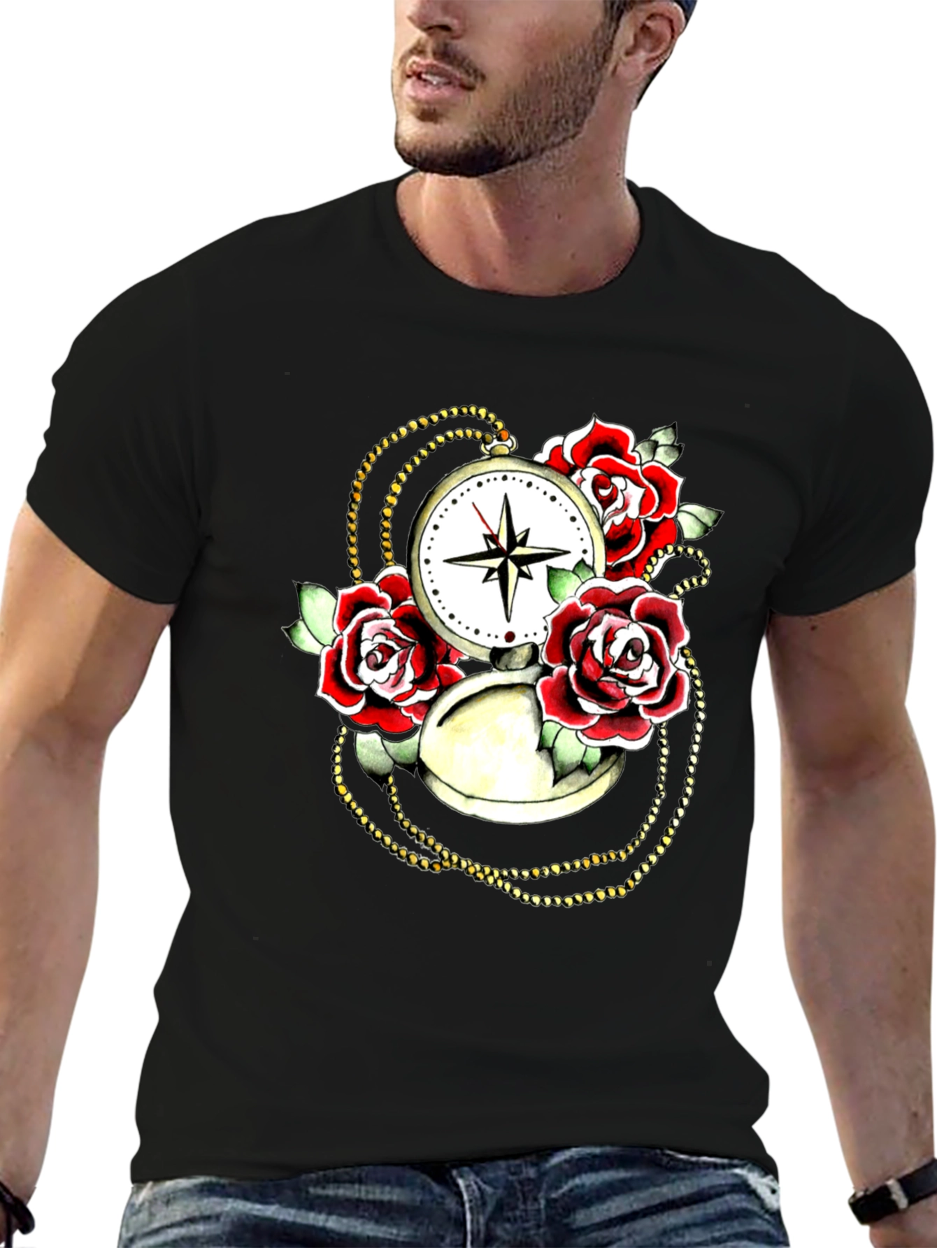 Rose Compass Graphic Black T-Shirt