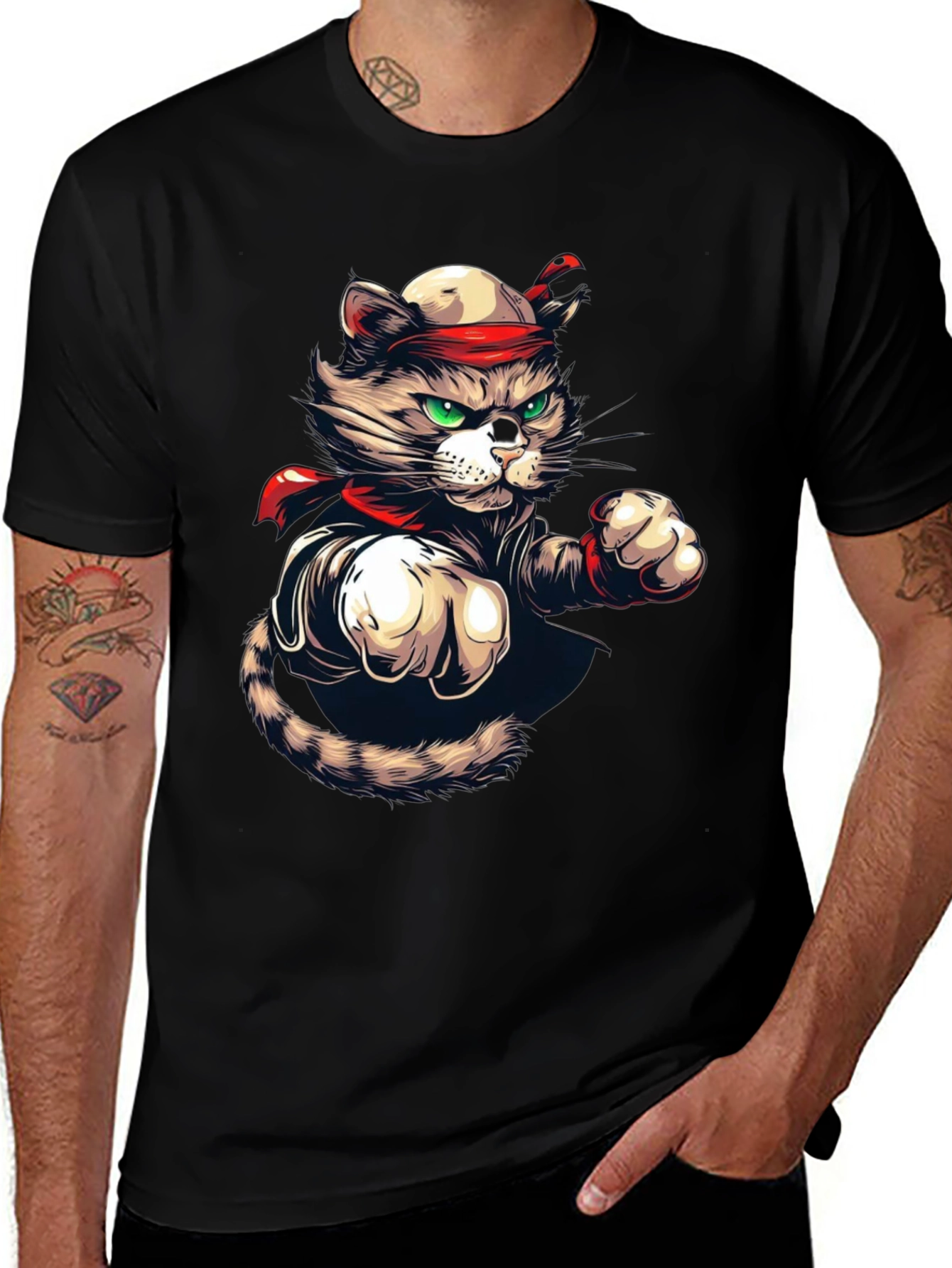 Martial Arts Cat Graphic Tee - Black T-Shirt