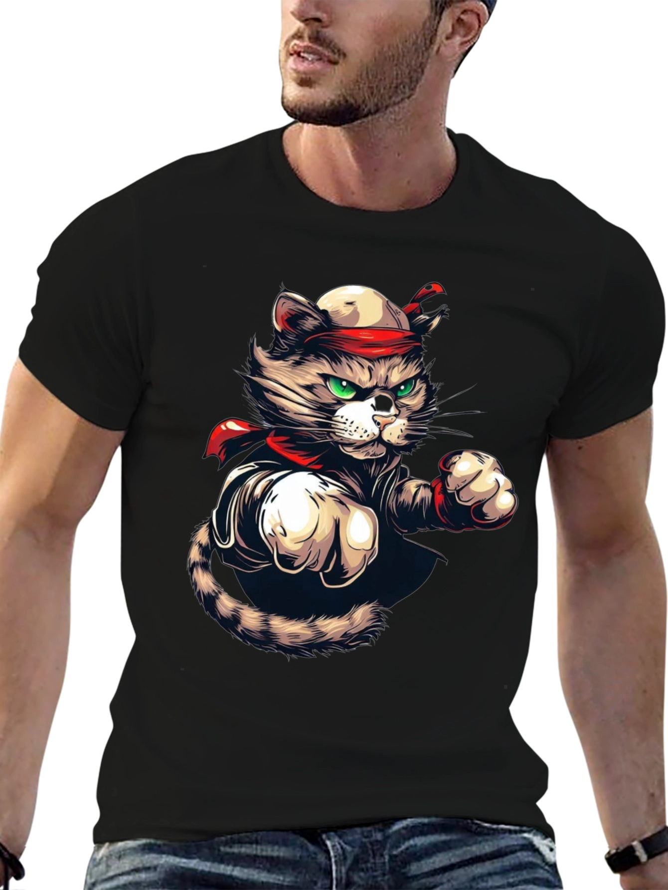 Martial Arts Cat Graphic Tee - Black T-Shirt