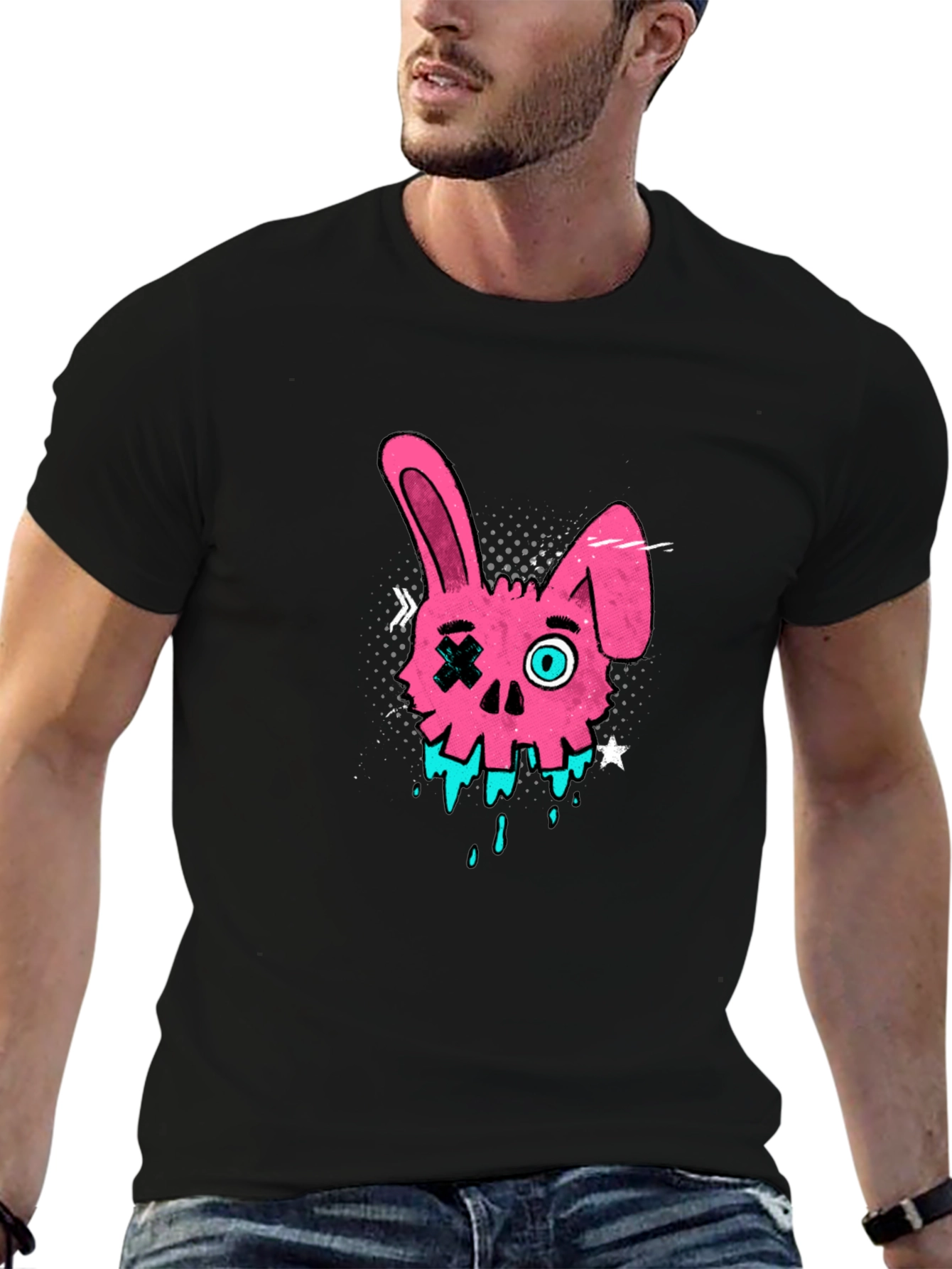 Edgy Pink Bunny Skull Graphic T-Shirt