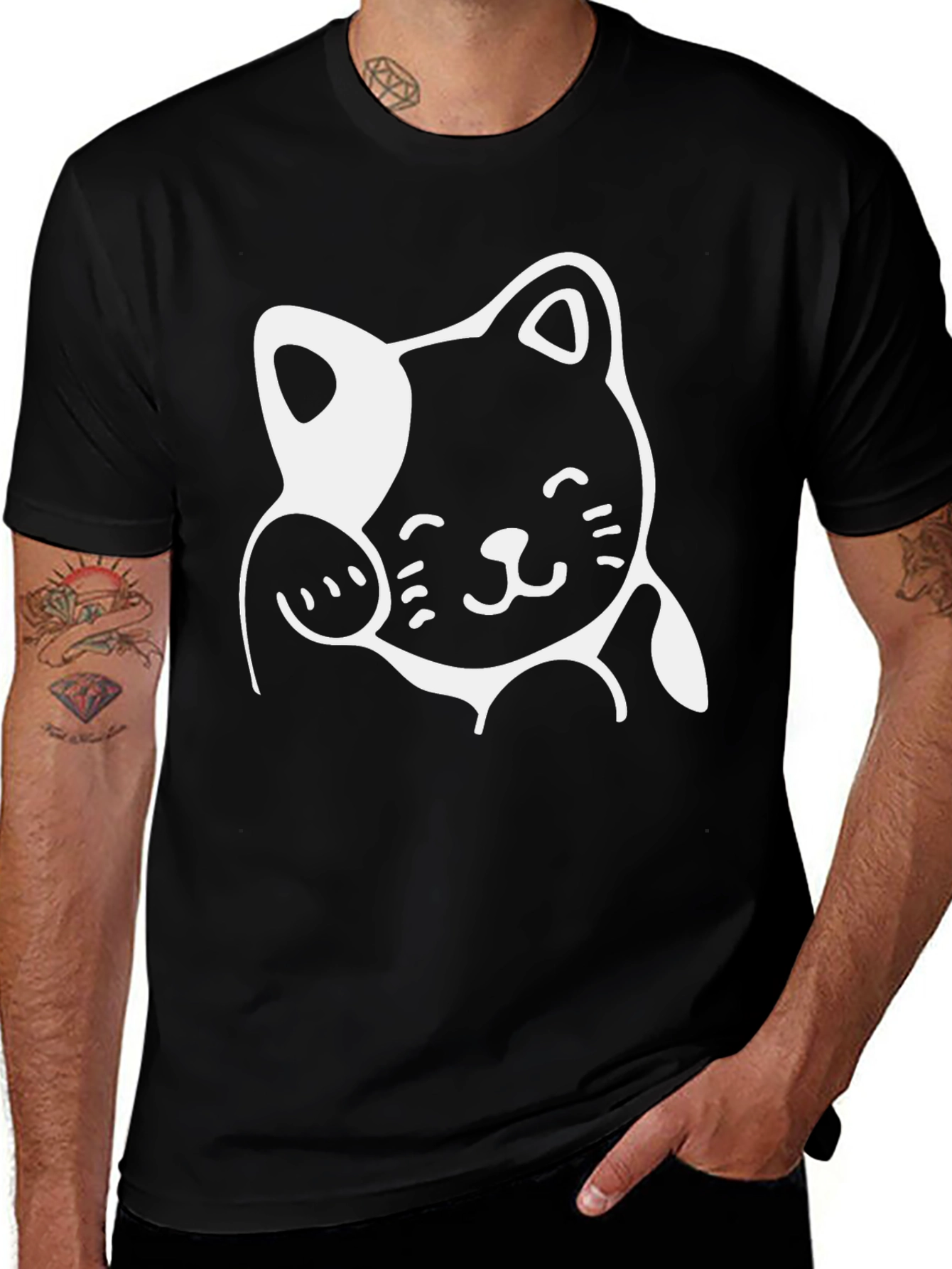 Cute Cartoon Cat Graphic Print Black T-Shirt