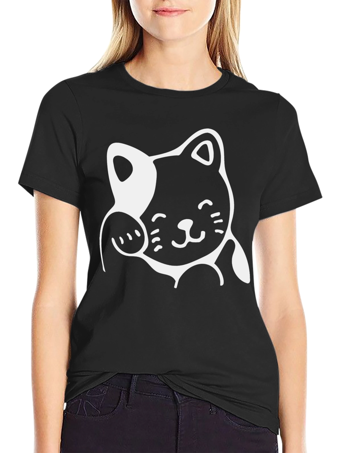Cute Cartoon Cat Graphic Print Black T-Shirt