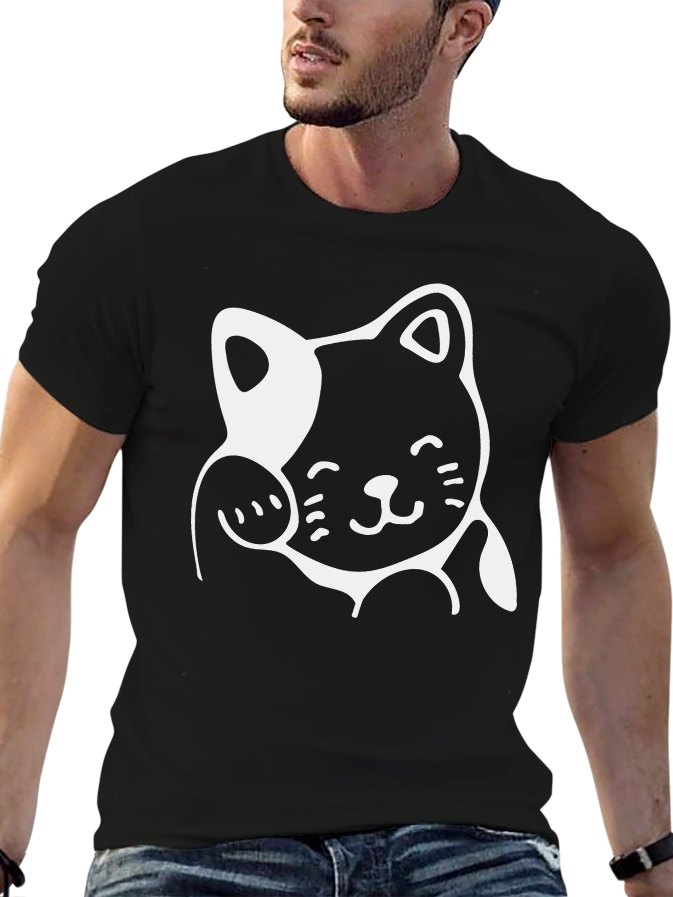 Cute Cartoon Cat Graphic Print Black T-Shirt