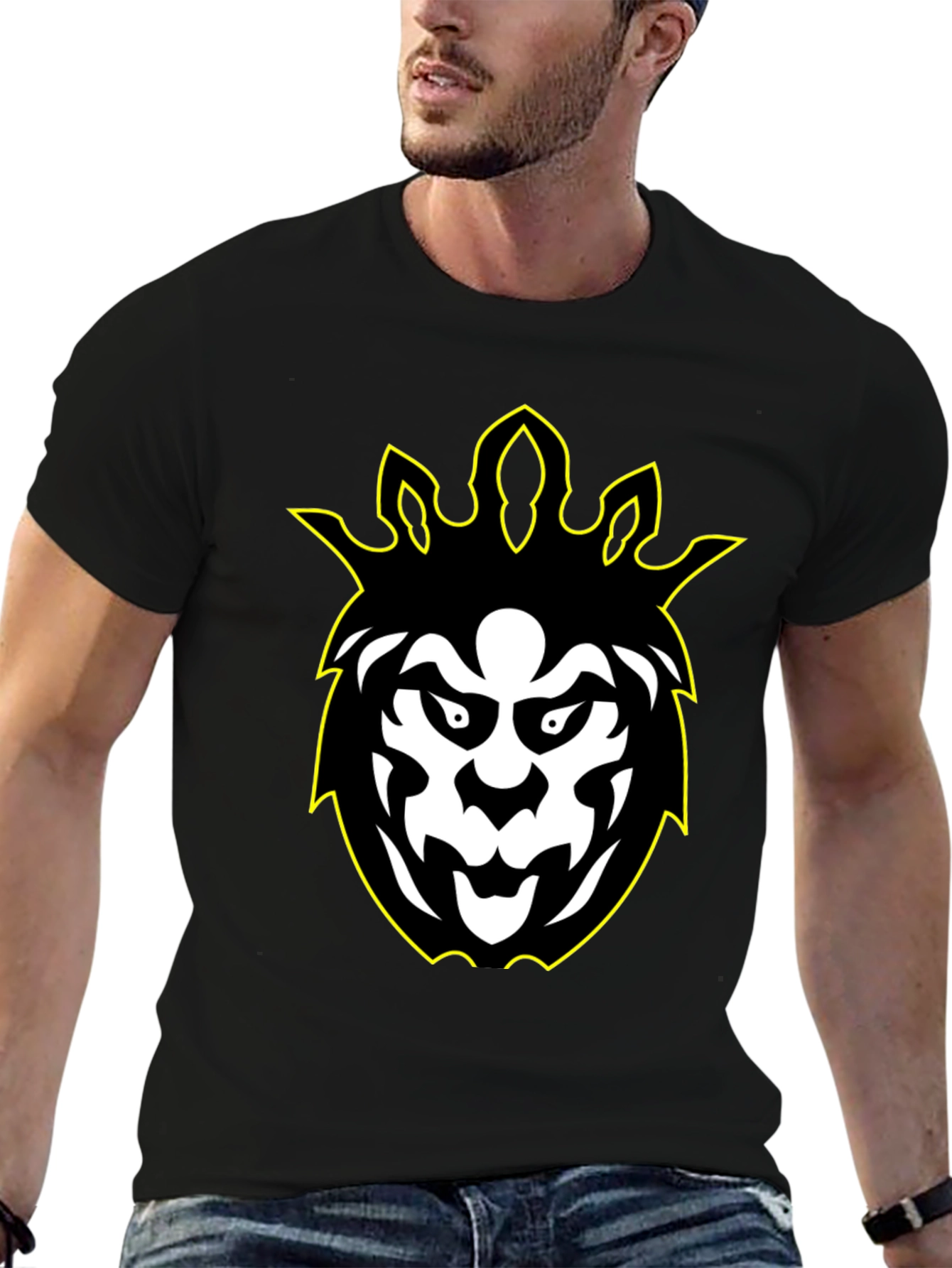 Graphic Tee - Black Lion Design with Yellow Outline