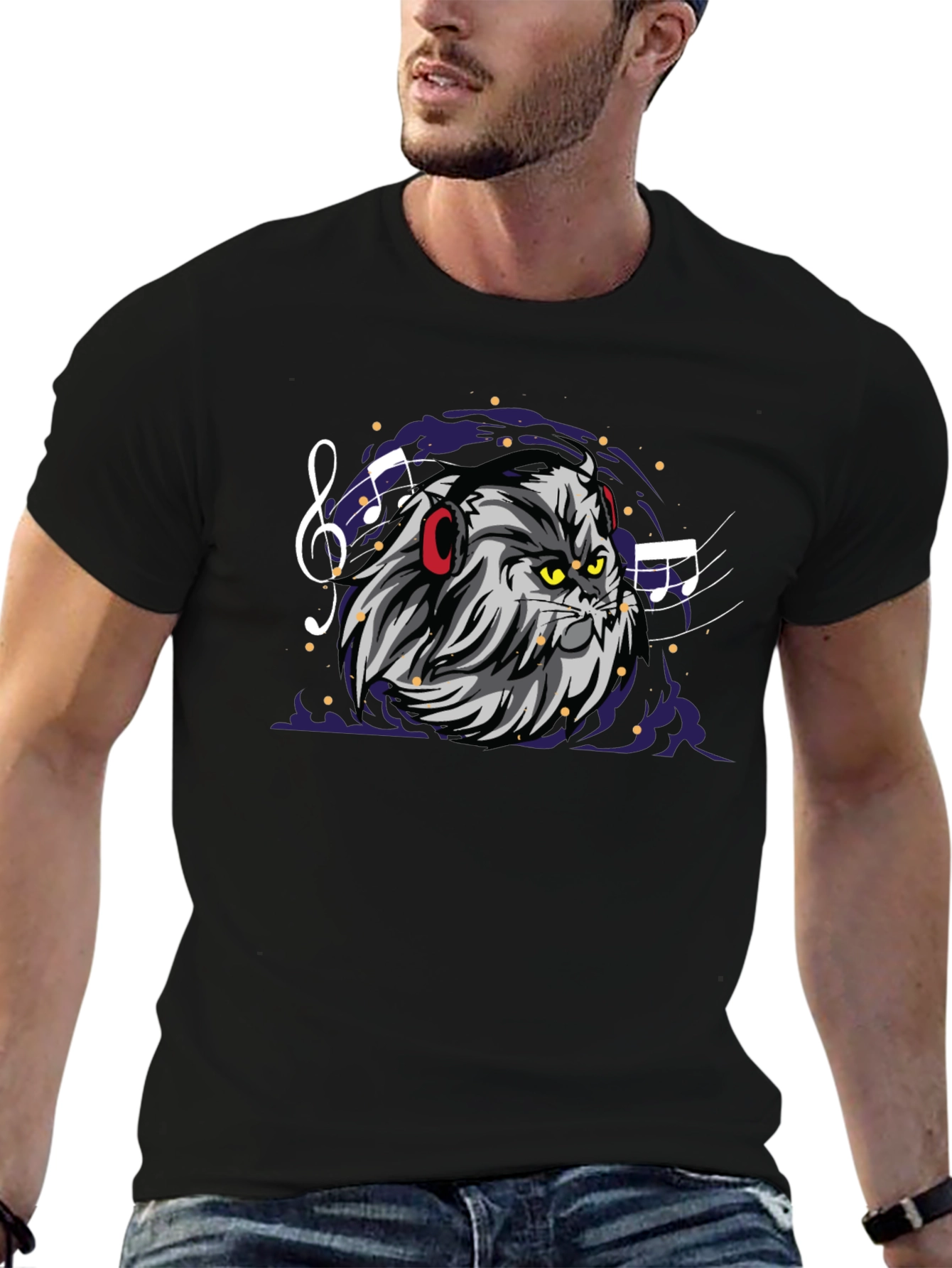 Cat DJ Graphic Tee - Mens Black Cotton T-Shirt
